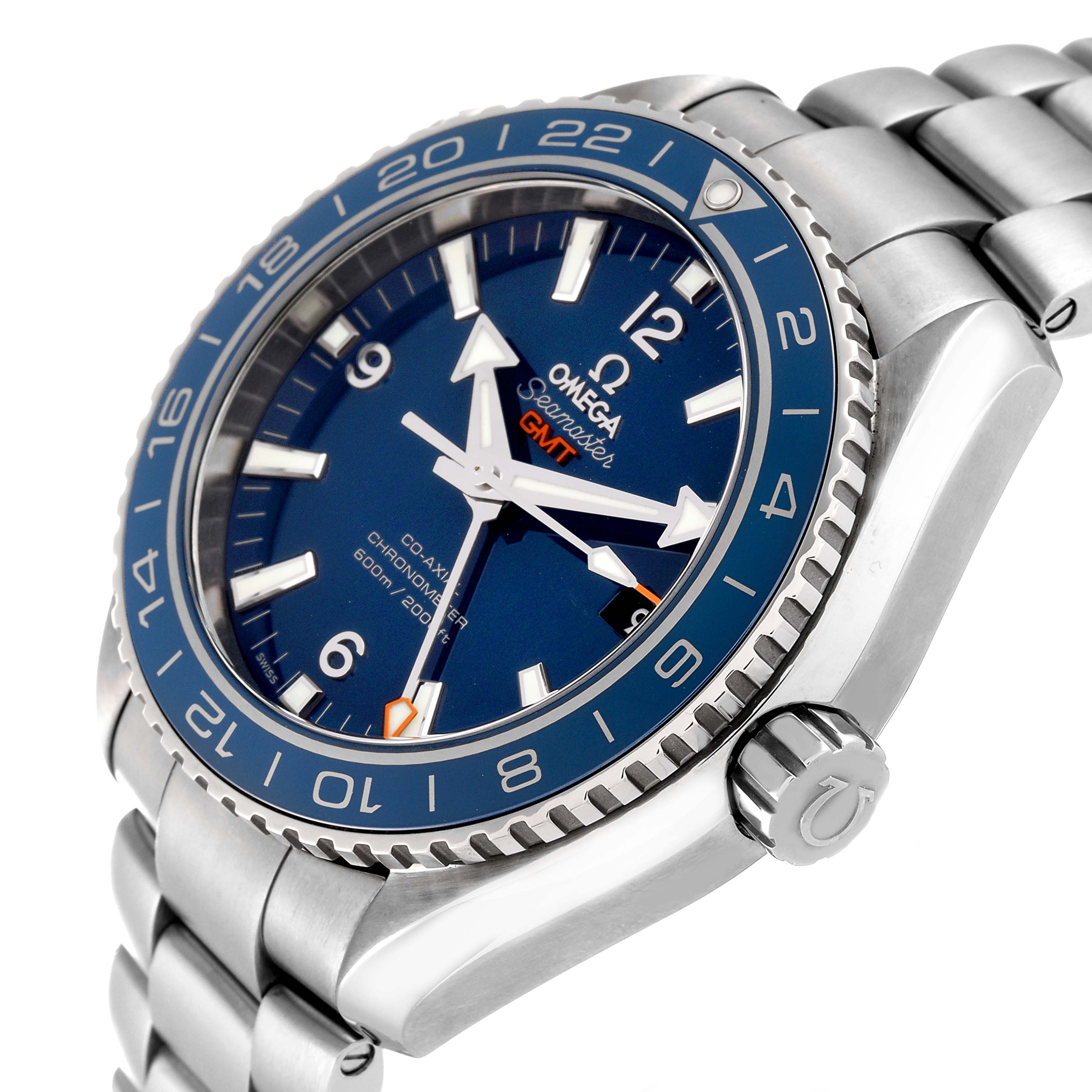The Omega Planet Ocean 232.90.44.22.03.001 Men
s Titanium Blue Dial 232.90.44.22.03.001 Men
s Titanium Blue Dial watch is shown at a three-quarter angle, capturing the face, bezel, crown, and part of the bracelet.