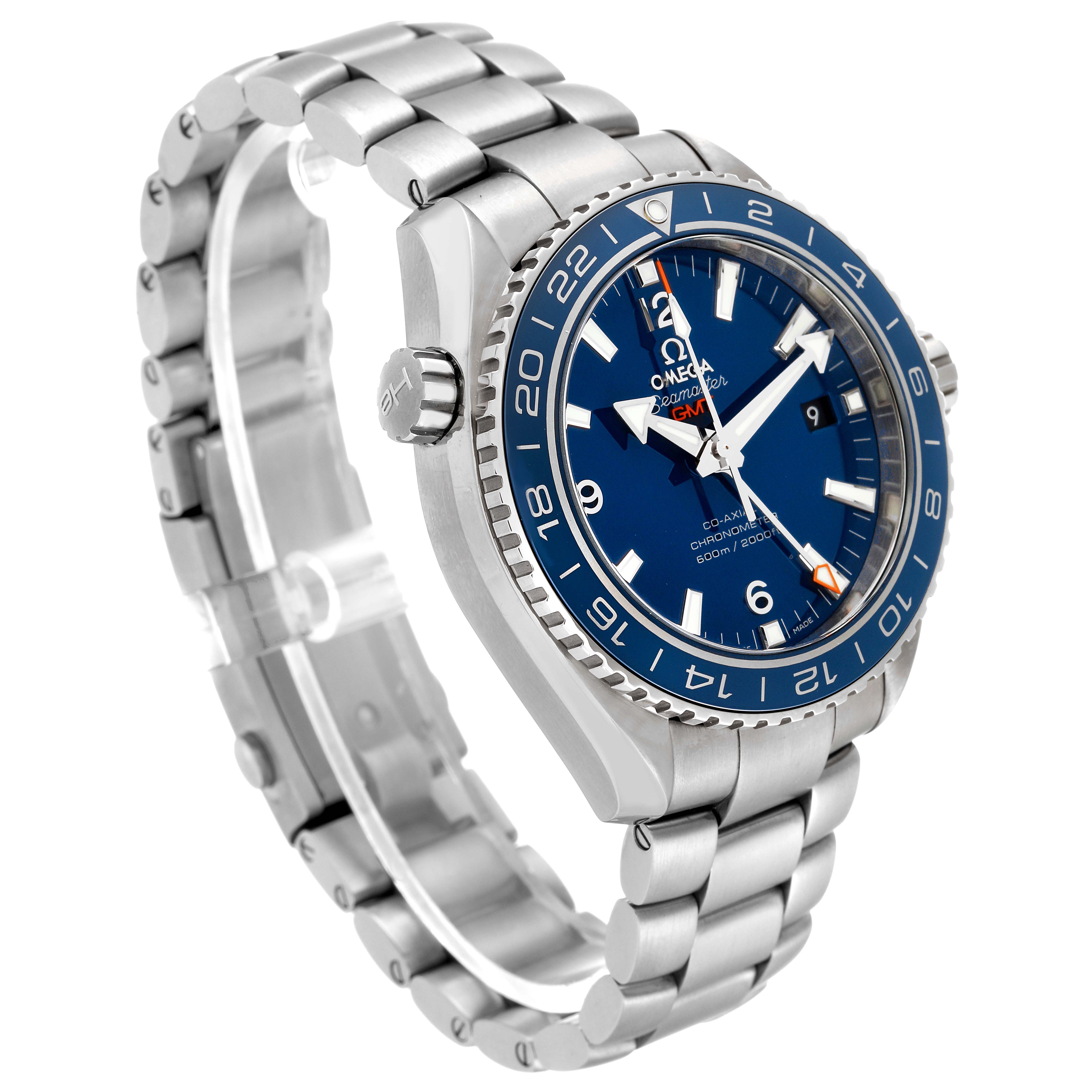 The image shows a three-quarter front view of the Omega Planet Ocean 232.90.44.22.03.001 Men
s Titanium Blue Dial 232.90.44.22.03.001 Men
s Titanium Blue Dial watch, highlighting the dial, bezel, crown, and bracelet.
