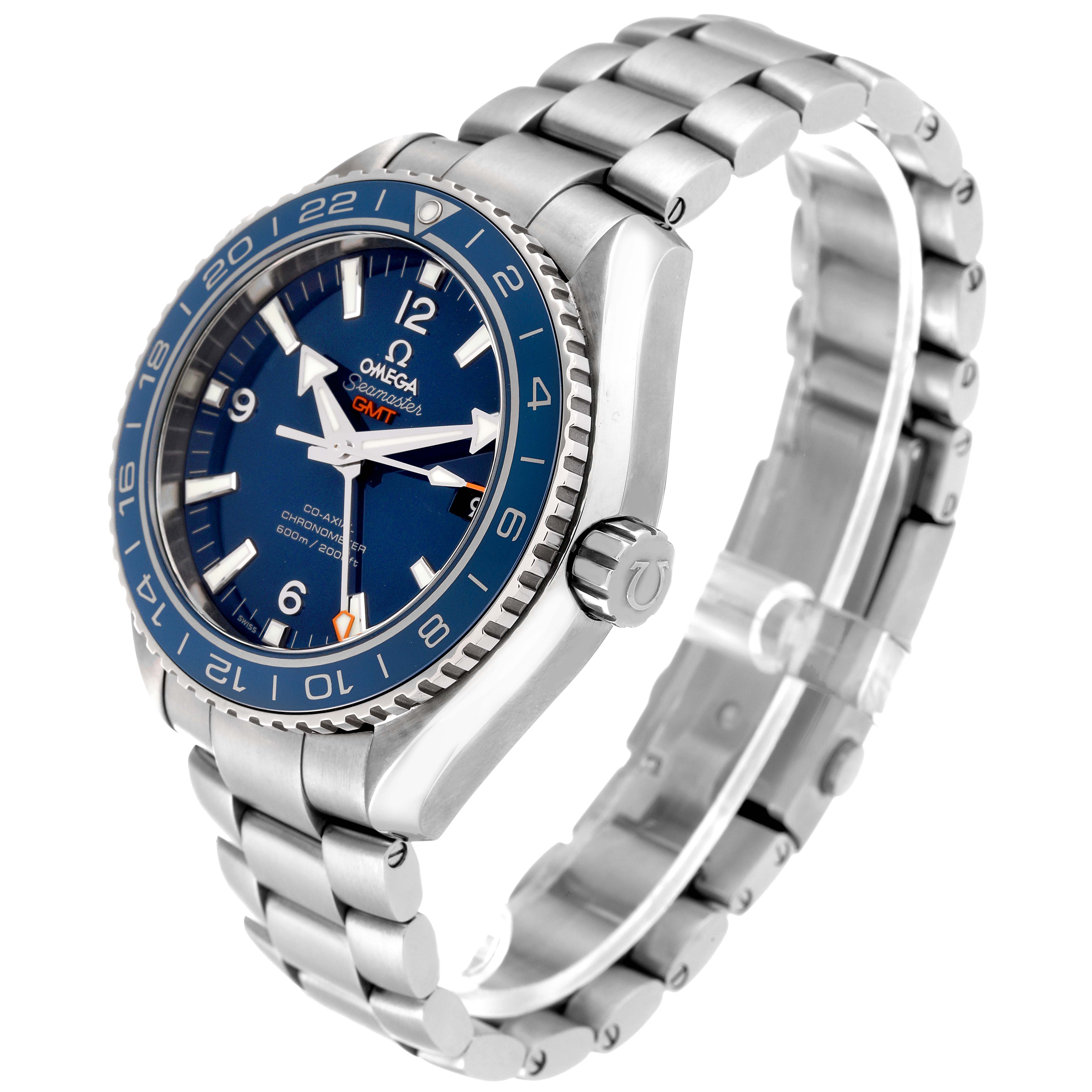 The Omega Planet Ocean 232.90.44.22.03.001 Men
s Titanium Blue Dial 232.90.44.22.03.001 Men
s Titanium Blue Dial watch is shown at an angle highlighting the face, bezel, crown, and bracelet in stainless steel.