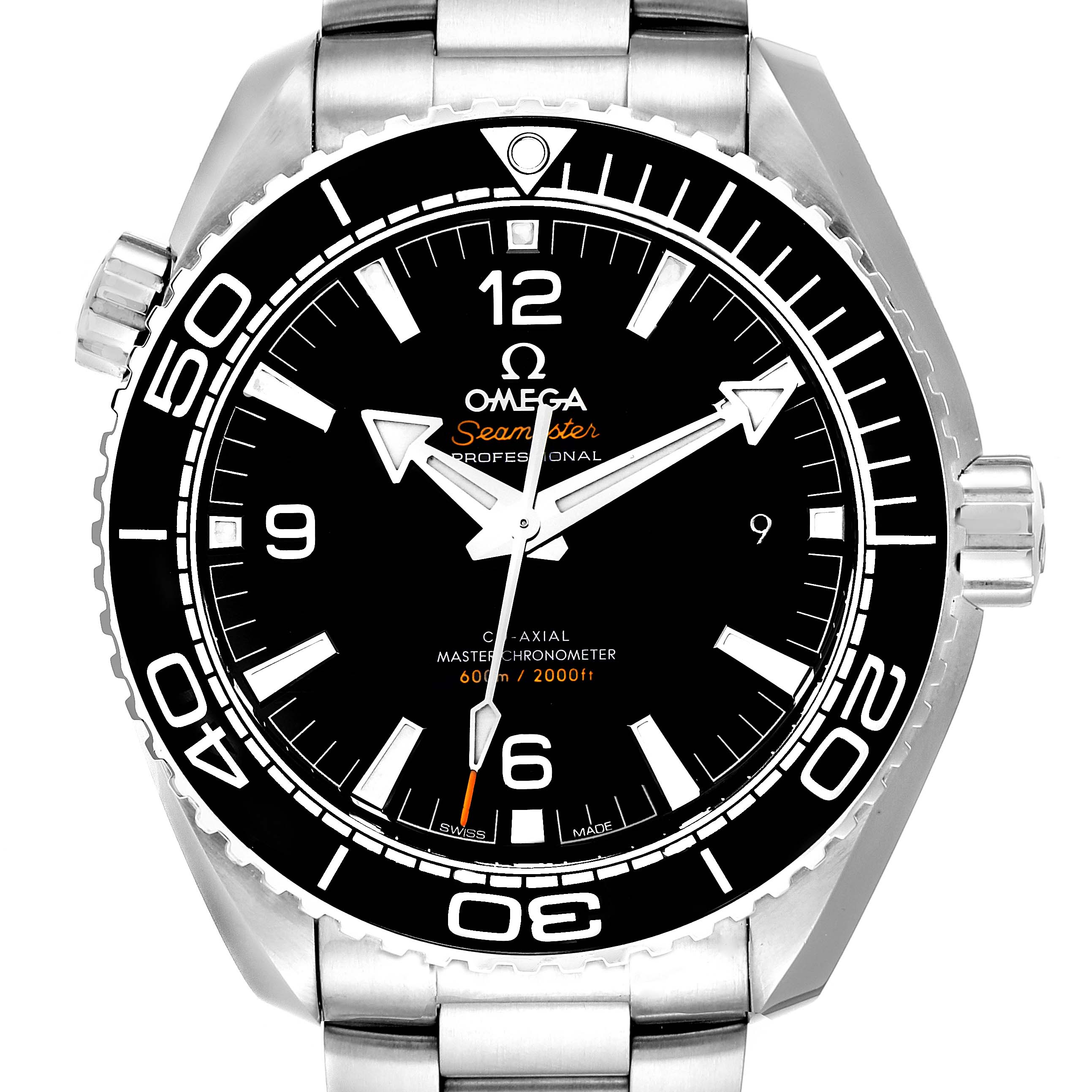 The image shows the Omega Planet Ocean 215.30.44.21.01.001 Men's Stainless Steel Black Dial 215.30.44.21.01.001 Men's Stainless Steel Black Dial watch face straight-on, highlighting the bezel, dial, and crown.
