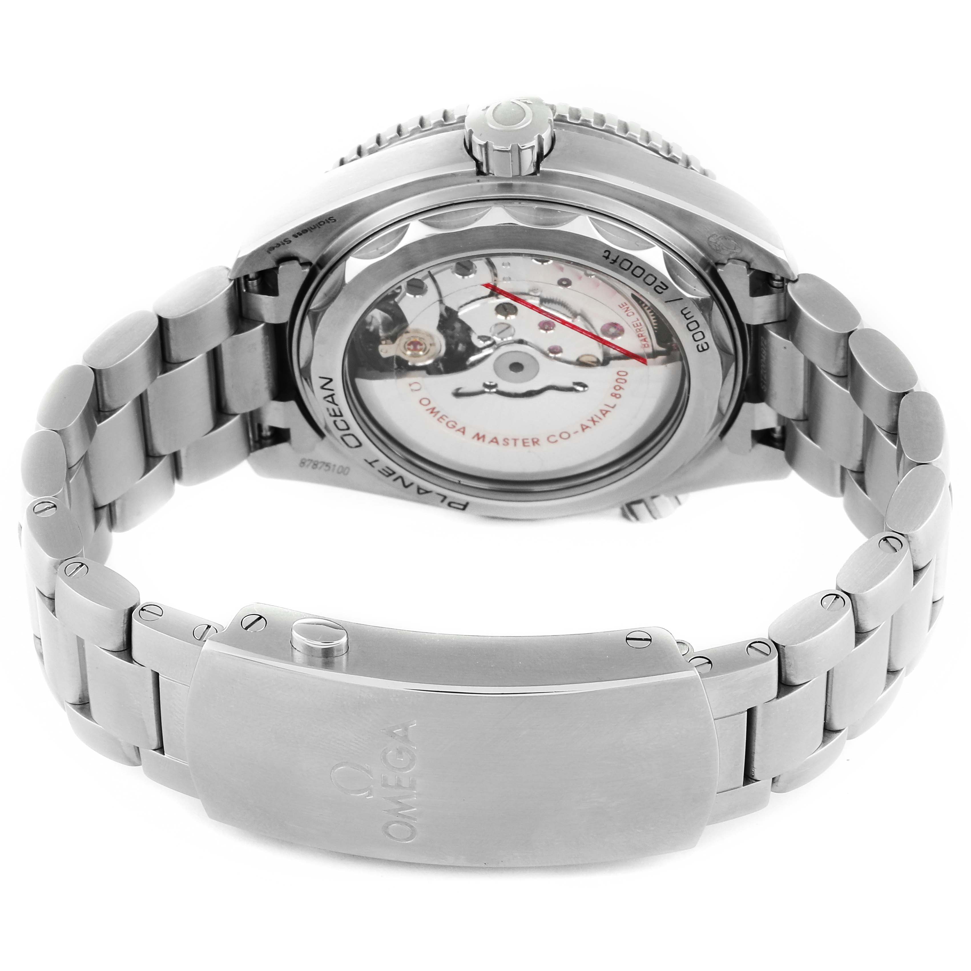 This image shows the back view of the Omega Planet Ocean 215.30.44.21.01.001 Men's Stainless Steel Black Dial 215.30.44.21.01.001 Men's Stainless Steel Black Dial watch, highlighting the open caseback and bracelet clasp.