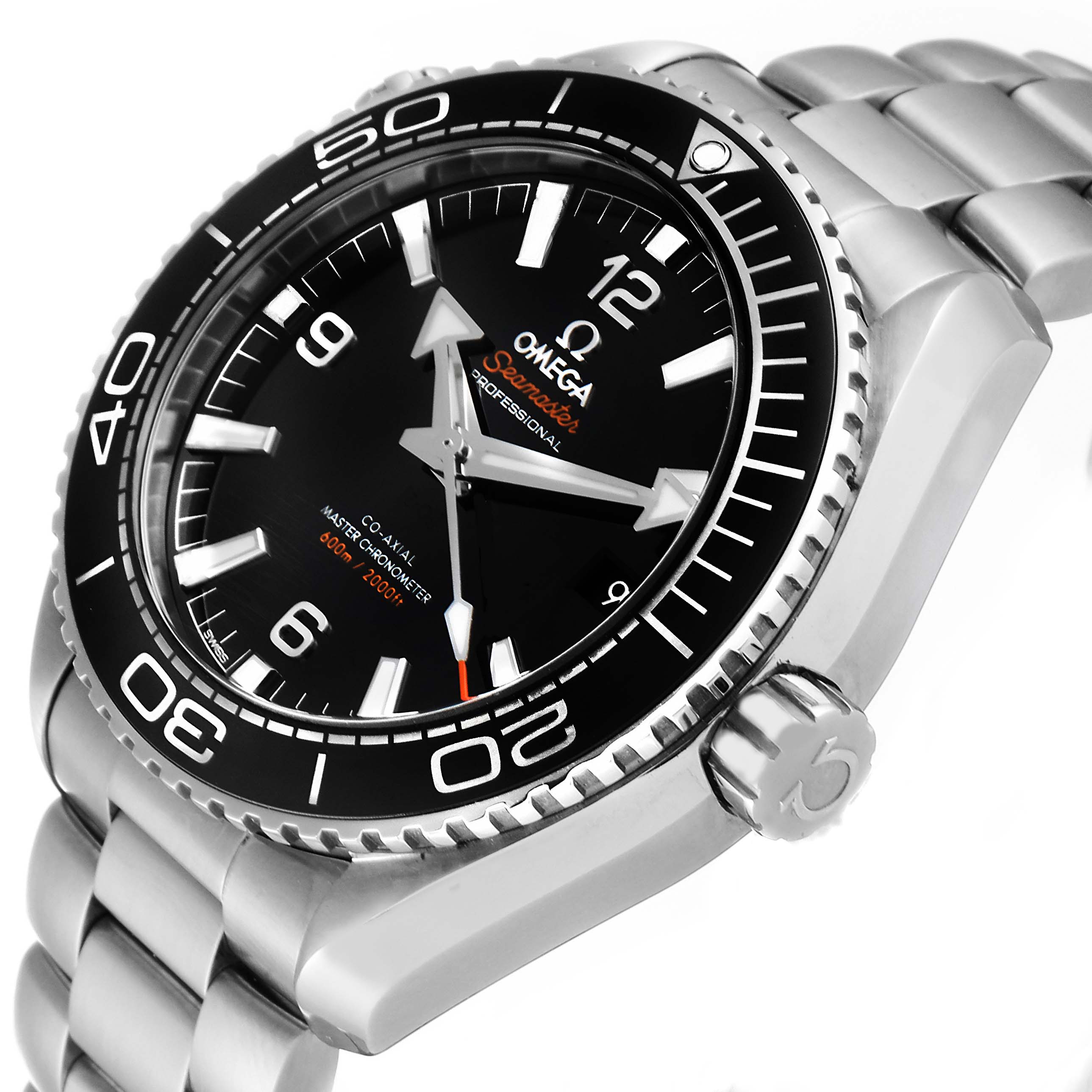 This image shows an angled view of the Omega Planet Ocean 215.30.44.21.01.001 Men's Stainless Steel Black Dial 215.30.44.21.01.001 Men's Stainless Steel Black Dial watch, highlighting the face, bezel, and crown.