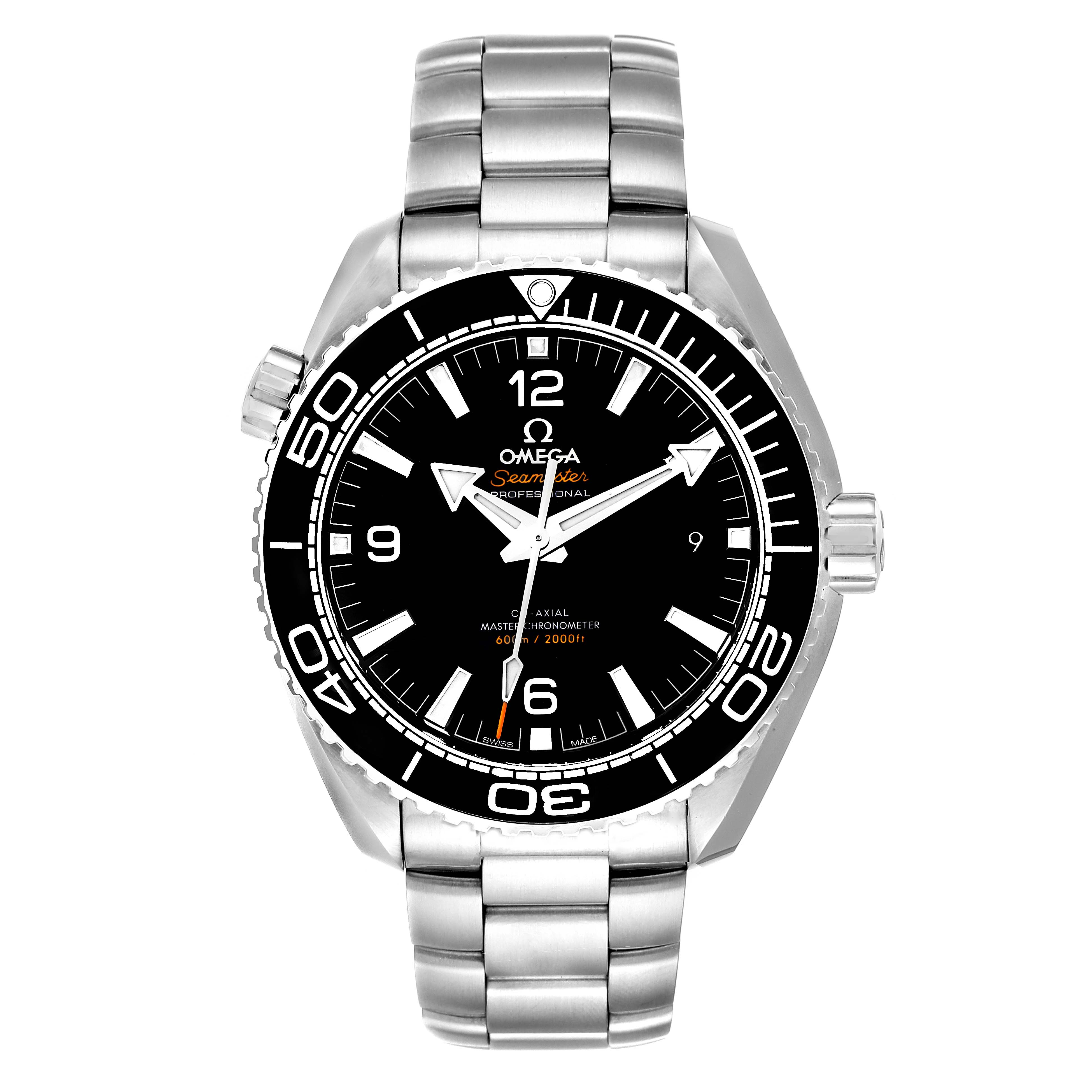 The Omega Planet Ocean 215.30.44.21.01.001 Men's Stainless Steel Black Dial 215.30.44.21.01.001 Men's Stainless Steel Black Dial watch is shown face-on, displaying the watch face, bezel, and metal bracelet.