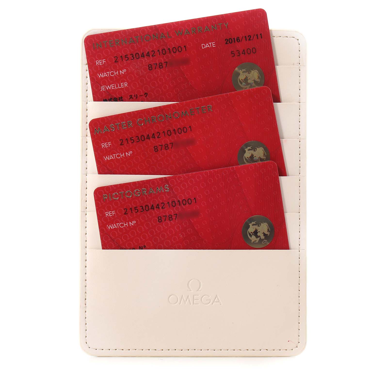 The image shows the warranty, master chronometer, and pictograms cards for the Omega Planet Ocean 215.30.44.21.01.001 Men's Stainless Steel Black Dial 215.30.44.21.01.001 Men's Stainless Steel Black Dial model in a leather cardholder.