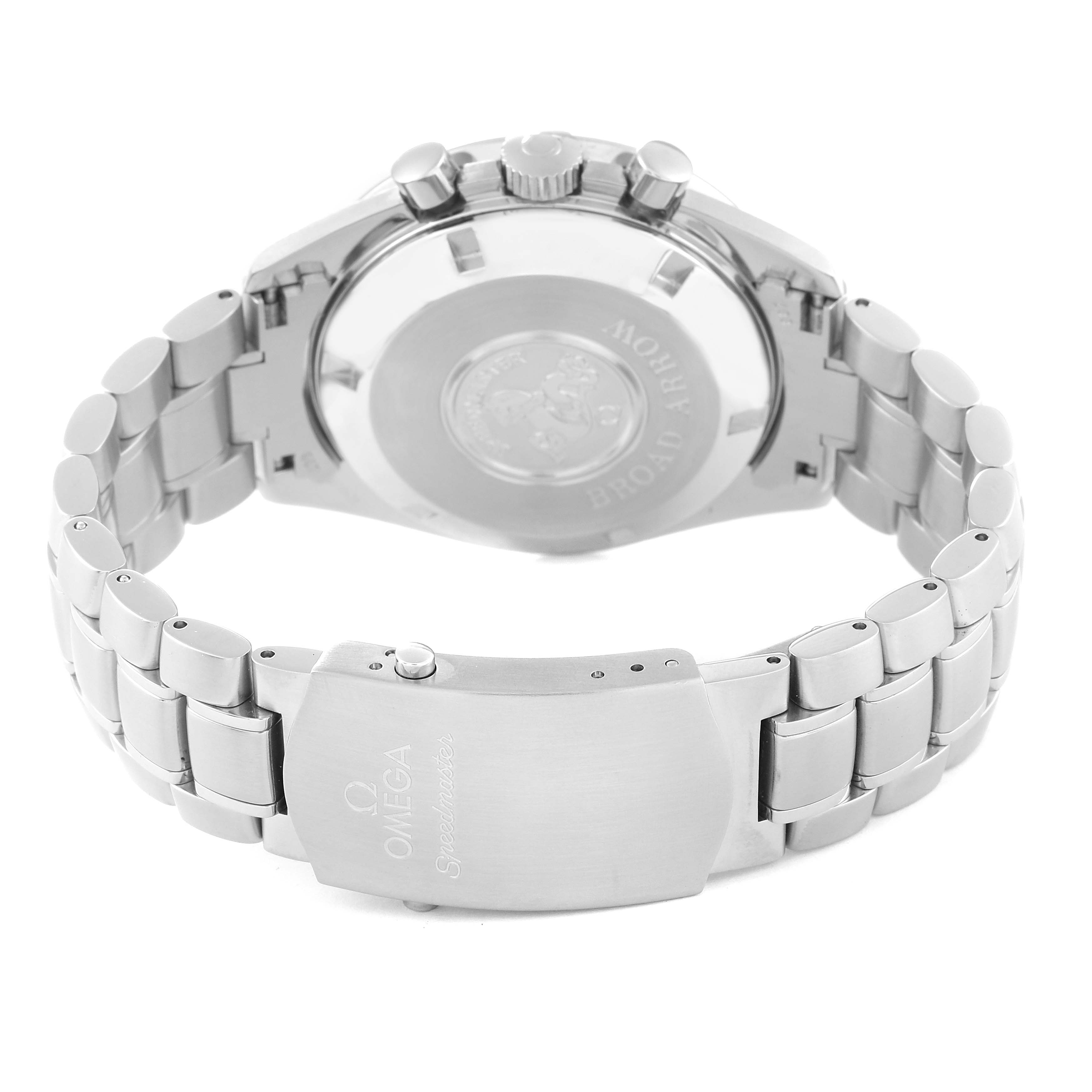 The image shows the back of the Omega Speedmaster 3551.50.00 Men
s Stainless Steel Black Dial 3551.50.00 Men
s Stainless Steel Black Dial watch, including its case back and a portion of the metal bracelet and clasp.