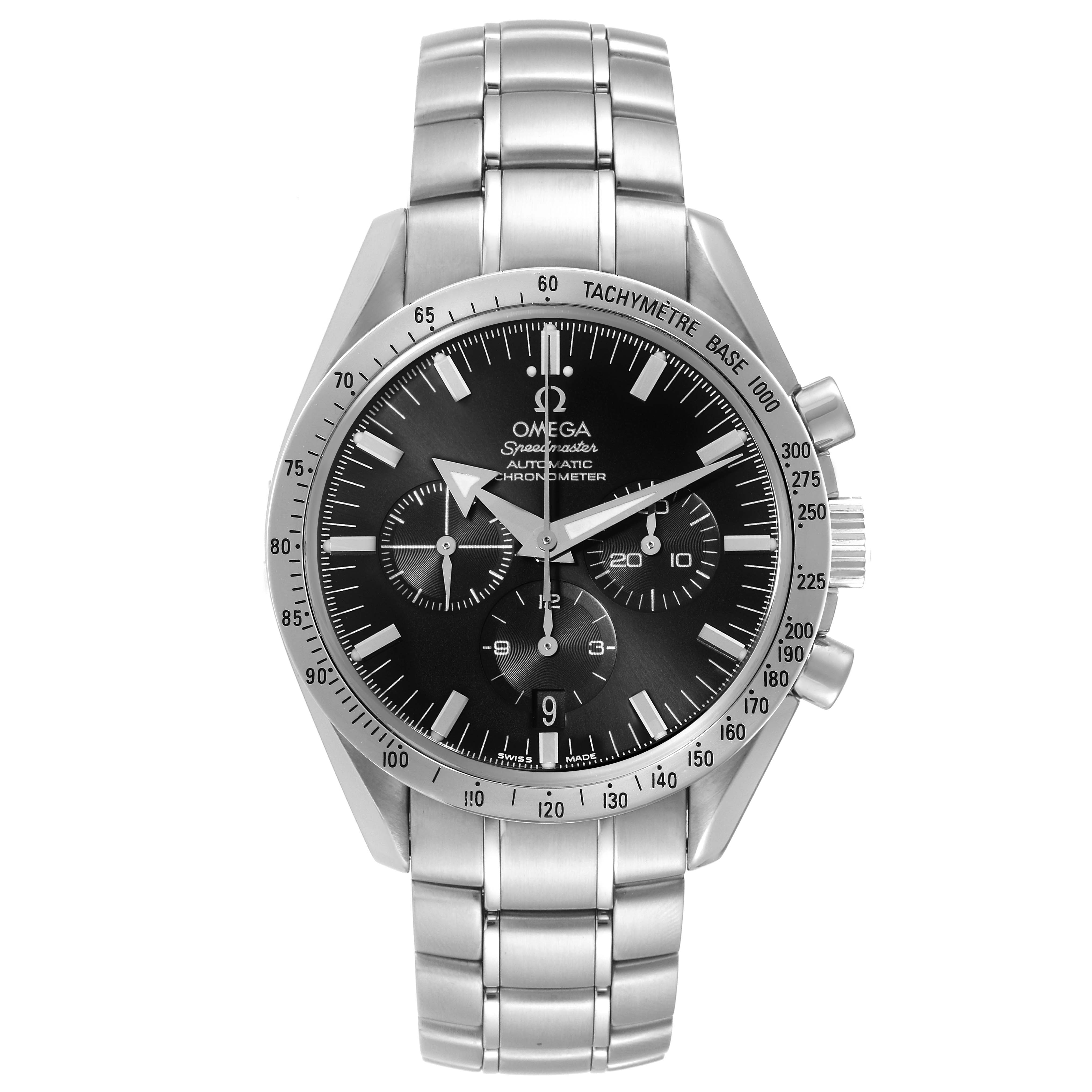 The Omega Speedmaster 3551.50.00 Men
s Stainless Steel Black Dial 3551.50.00 Men
s Stainless Steel Black Dial watch is shown from a front angle, displaying its dial, bezel, and metal bracelet.