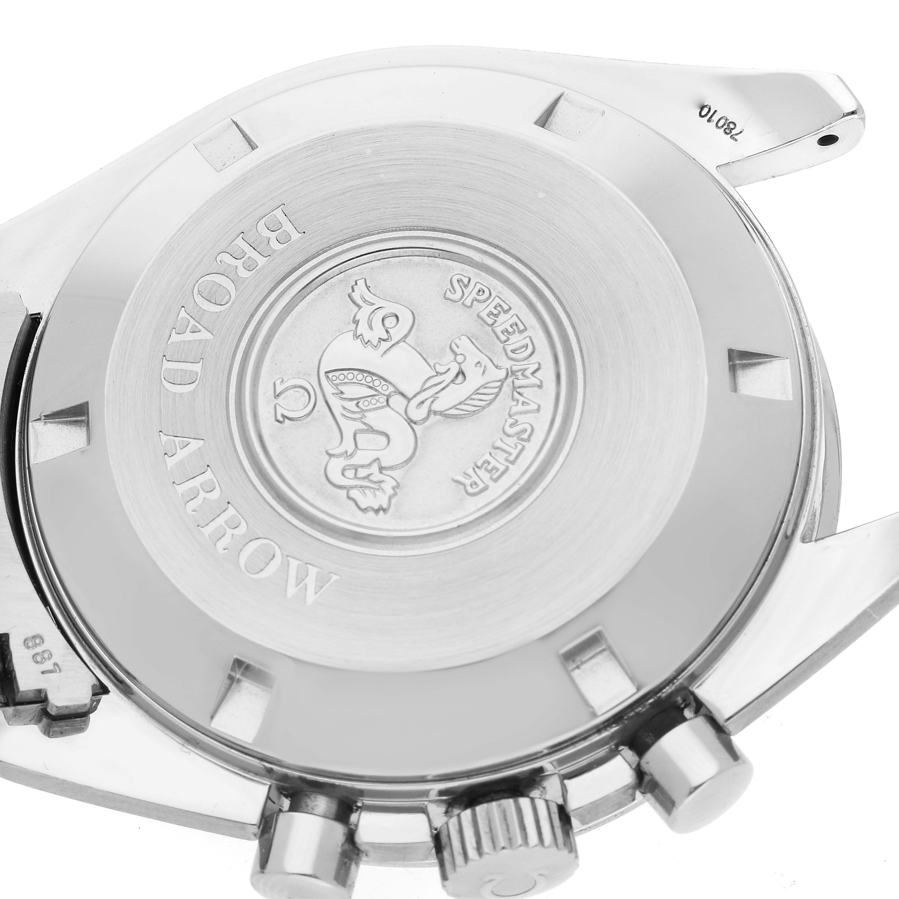 The image shows the back of an Omega Speedmaster 3551.50.00 Men
s Stainless Steel Black Dial 3551.50.00 Men
s Stainless Steel Black Dial Broad Arrow watch, focusing on the engraved case back and crown.