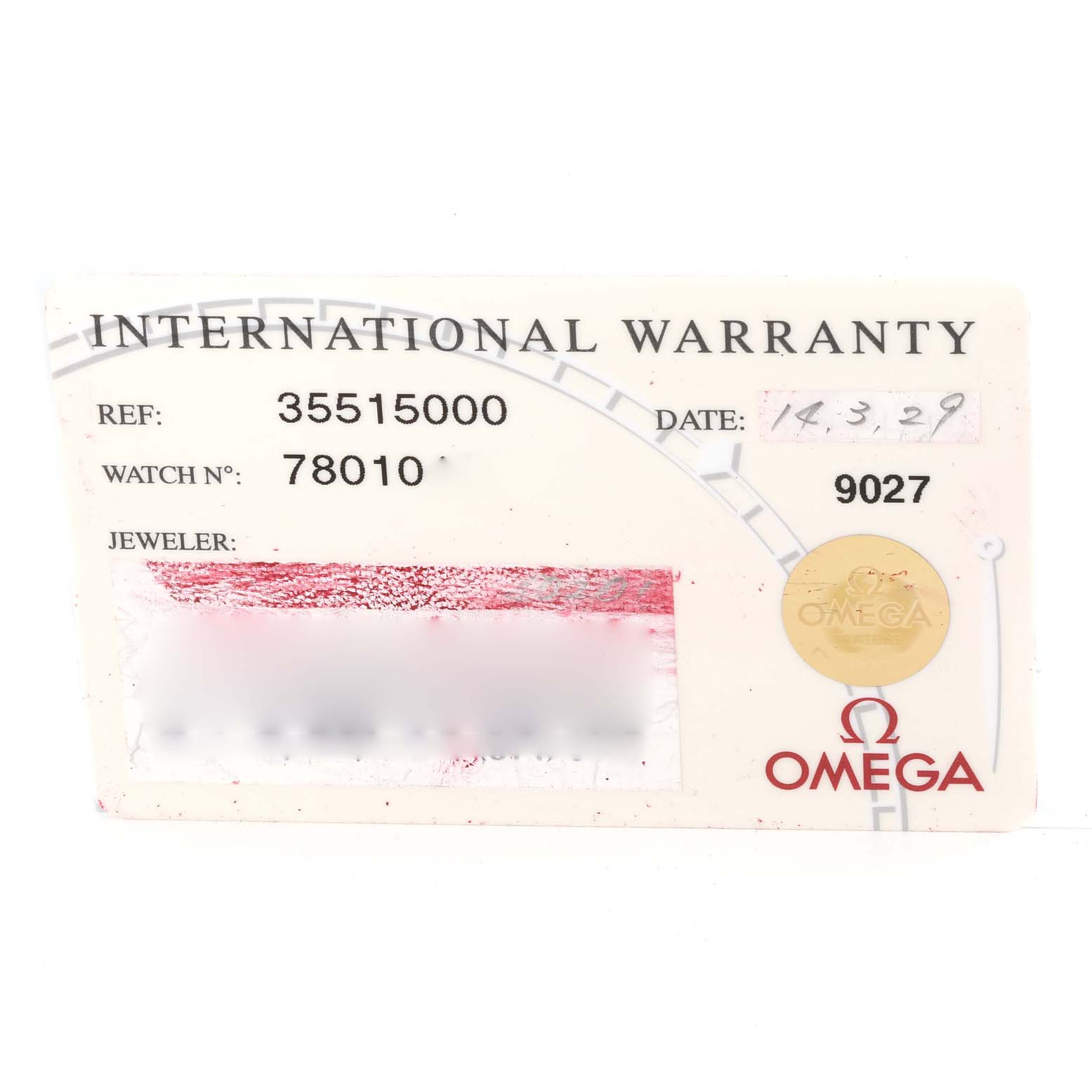 This image shows the International Warranty card for an Omega Speedmaster 3551.50.00 Men
s Stainless Steel Black Dial 3551.50.00 Men
s Stainless Steel Black Dial watch.