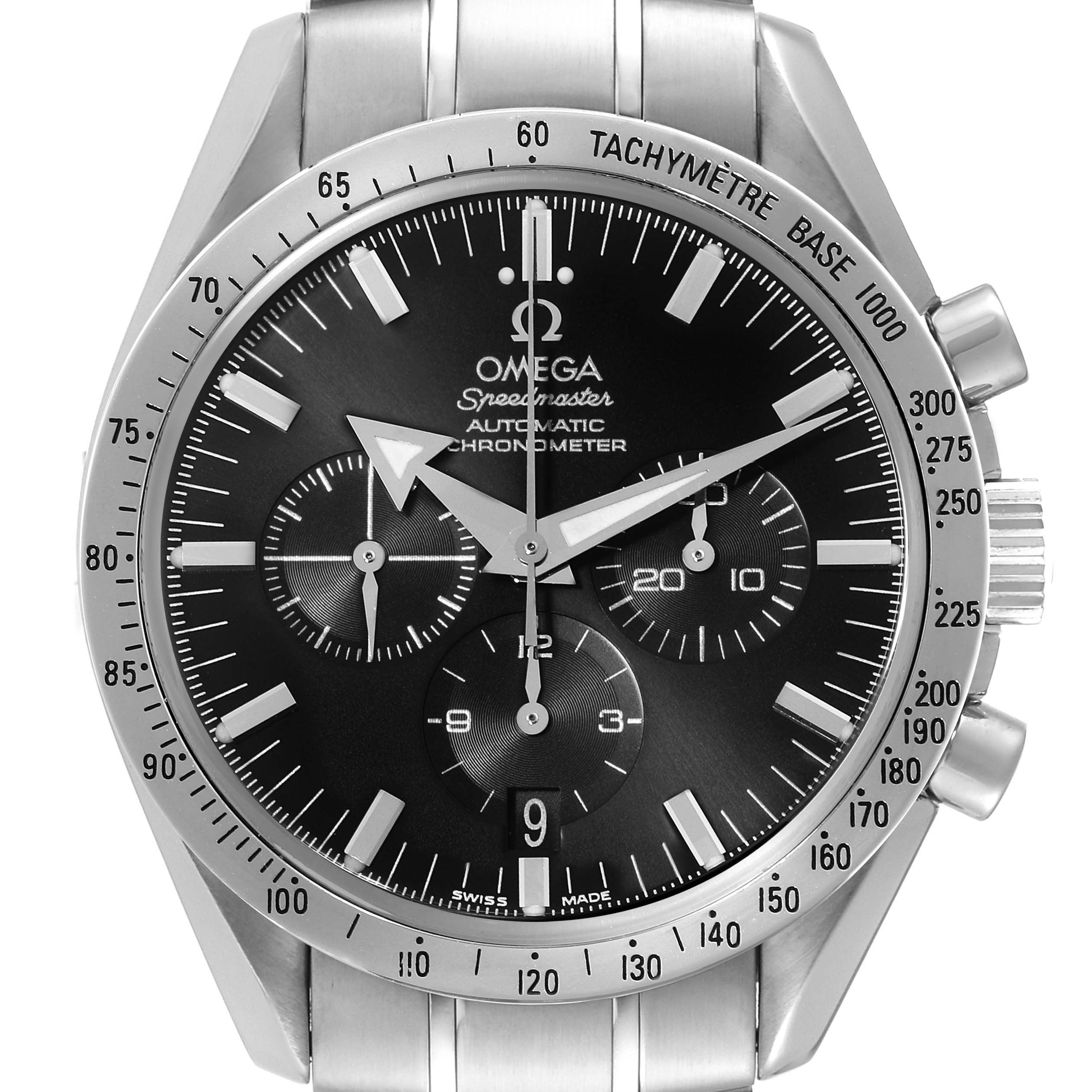 The image shows a front view of an Omega Speedmaster 3551.50.00 Men
s Stainless Steel Black Dial 3551.50.00 Men
s Stainless Steel Black Dial watch, highlighting the dial, subdials, and tachymeter bezel.