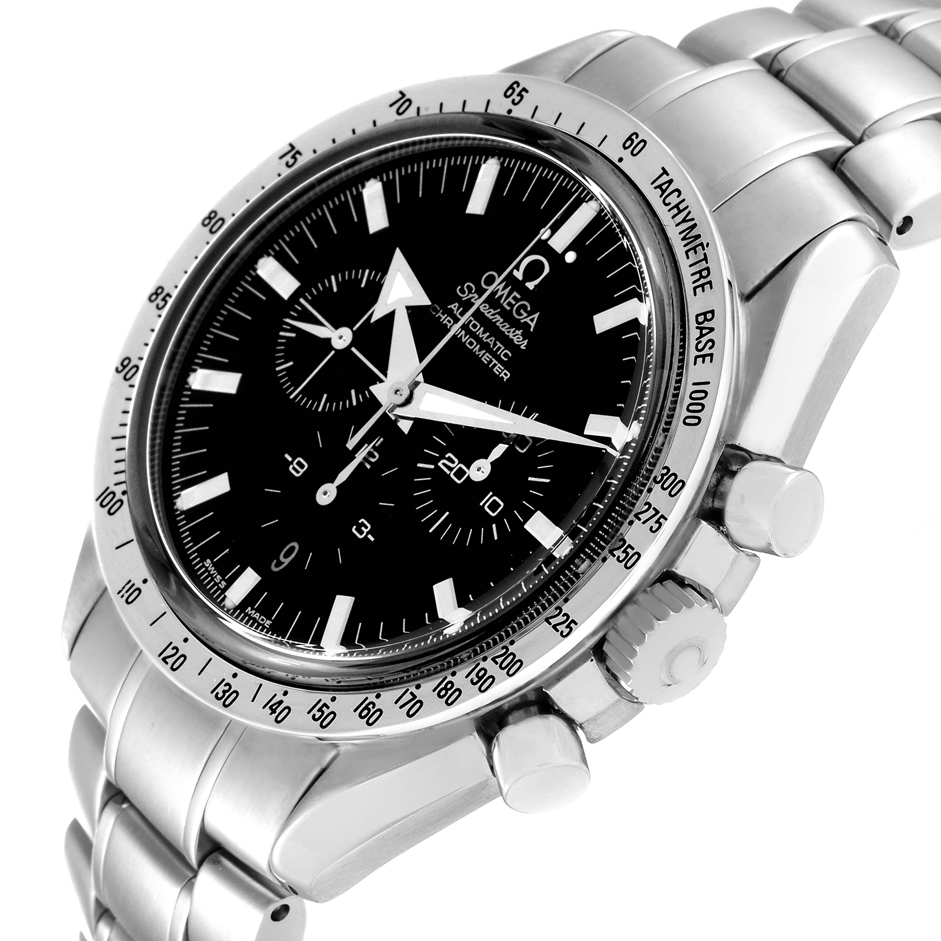 The Omega Speedmaster 3551.50.00 Men
s Stainless Steel Black Dial 3551.50.00 Men
s Stainless Steel Black Dial watch is shown at an angled side view, highlighting the dial, bezel, and crown.