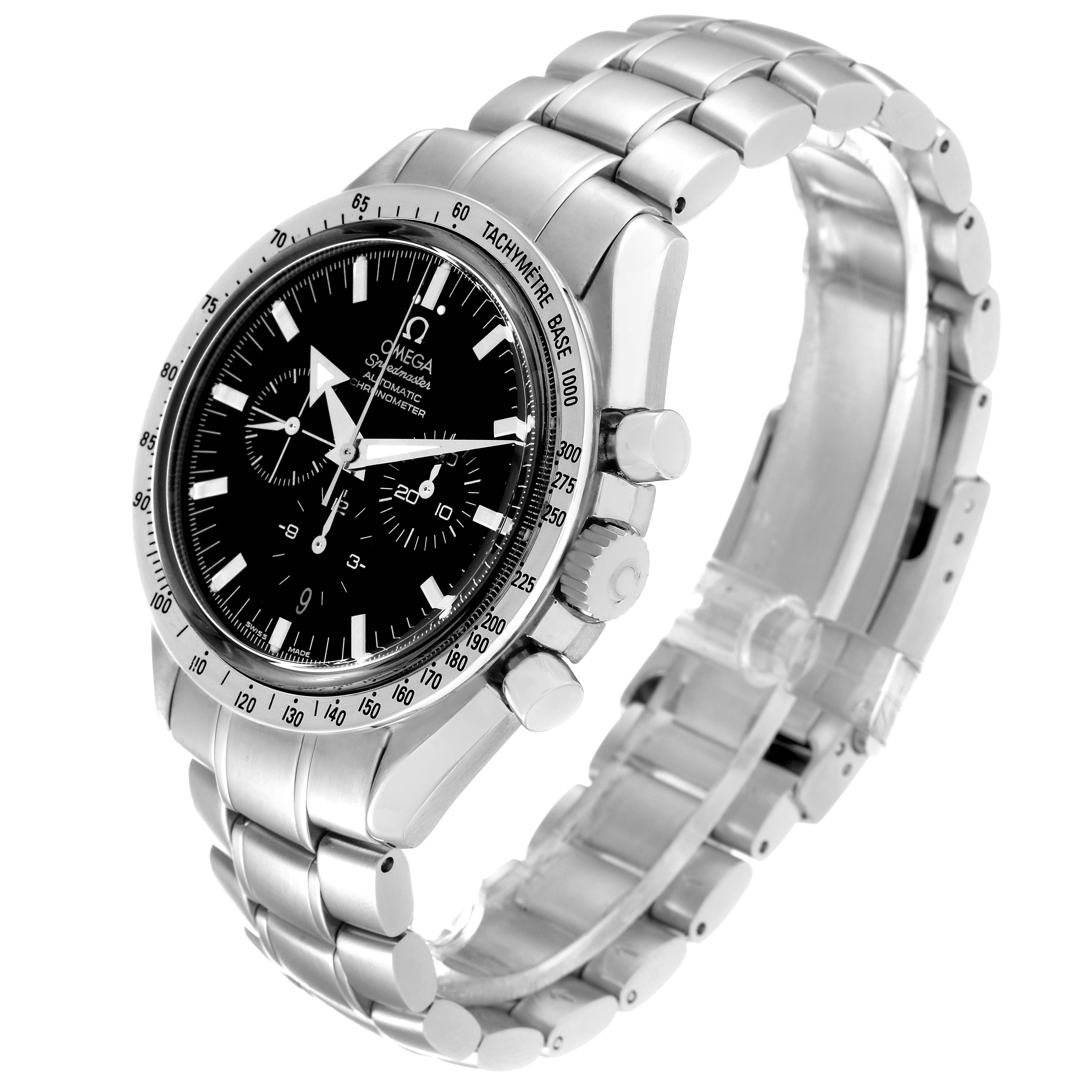 The image shows an Omega Speedmaster 3551.50.00 Men
s Stainless Steel Black Dial 3551.50.00 Men
s Stainless Steel Black Dial watch from a slight angle, highlighting its stainless steel band, tachymeter bezel, and black dial.