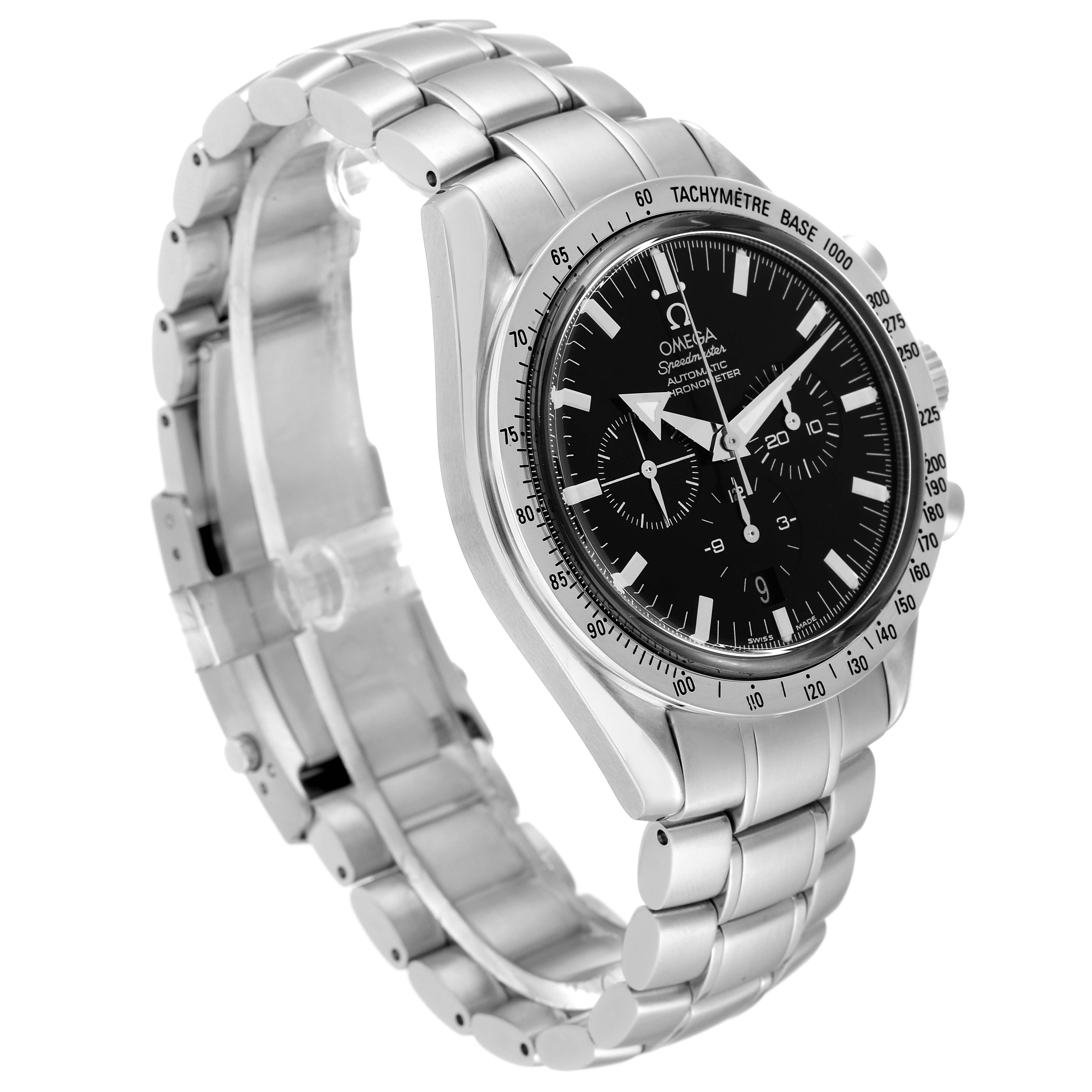 The Omega Speedmaster 3551.50.00 Men
s Stainless Steel Black Dial 3551.50.00 Men
s Stainless Steel Black Dial watch is shown at a three-quarter angle, highlighting the bezel, dial, and metal bracelet.