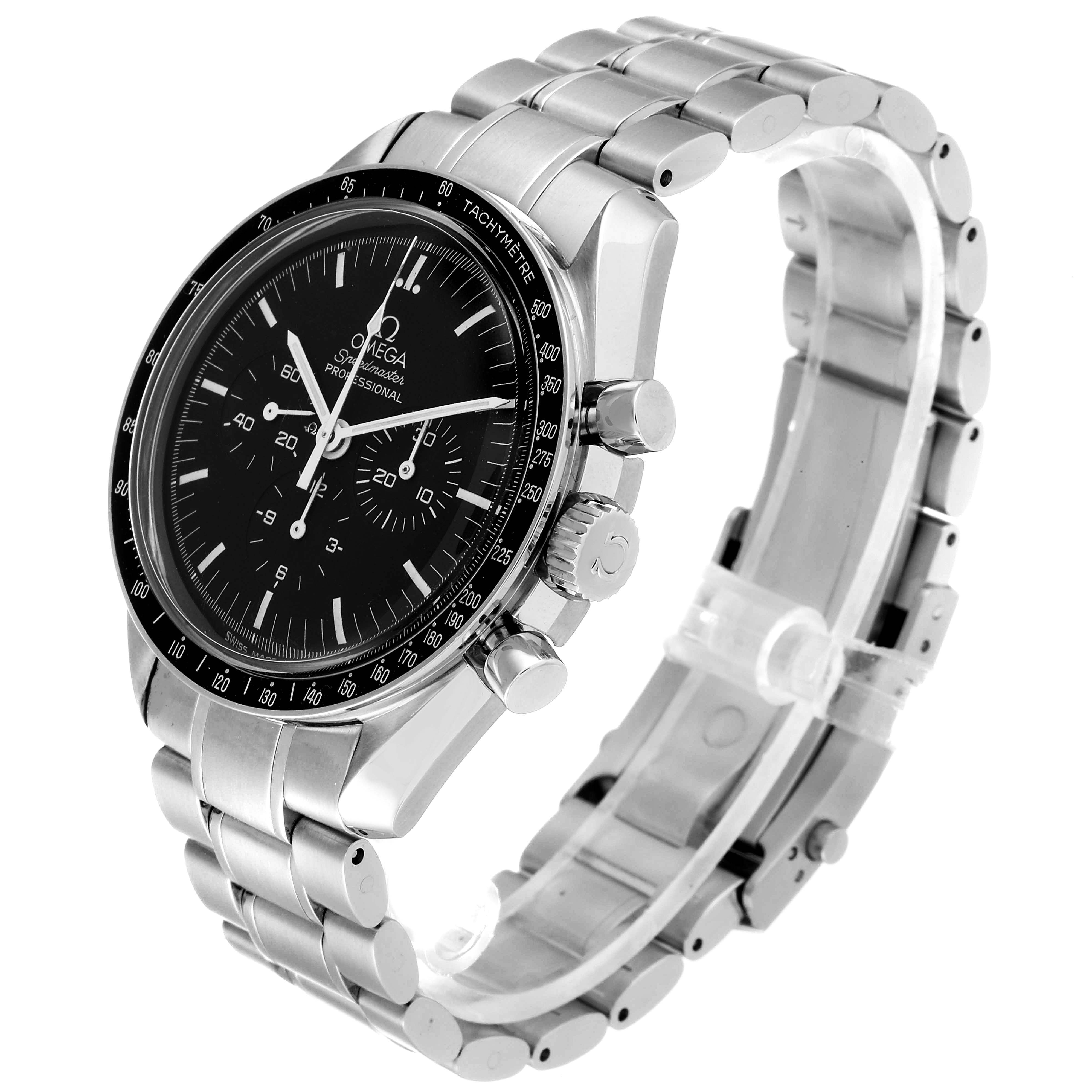 This image shows an angled view of the Omega Speedmaster 3570.50.00 Men's Stainless Steel Black Dial 3570.50.00 Men's Stainless Steel Black Dial watch, highlighting the face, bezel, crown, pushers, and metal bracelet.