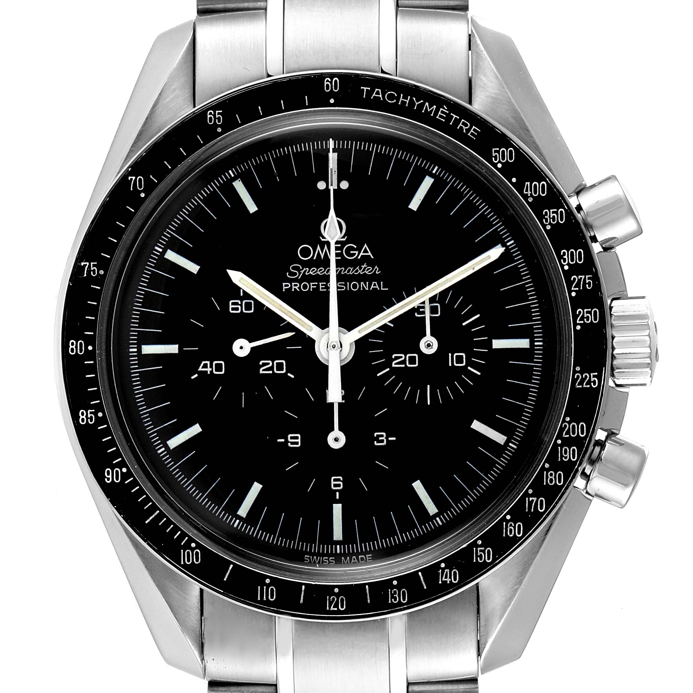 The image shows a front view of the Omega Speedmaster 3570.50.00 Men's Stainless Steel Black Dial 3570.50.00 Men's Stainless Steel Black Dial watch, highlighting its dial, bezel, and chronograph pushers.