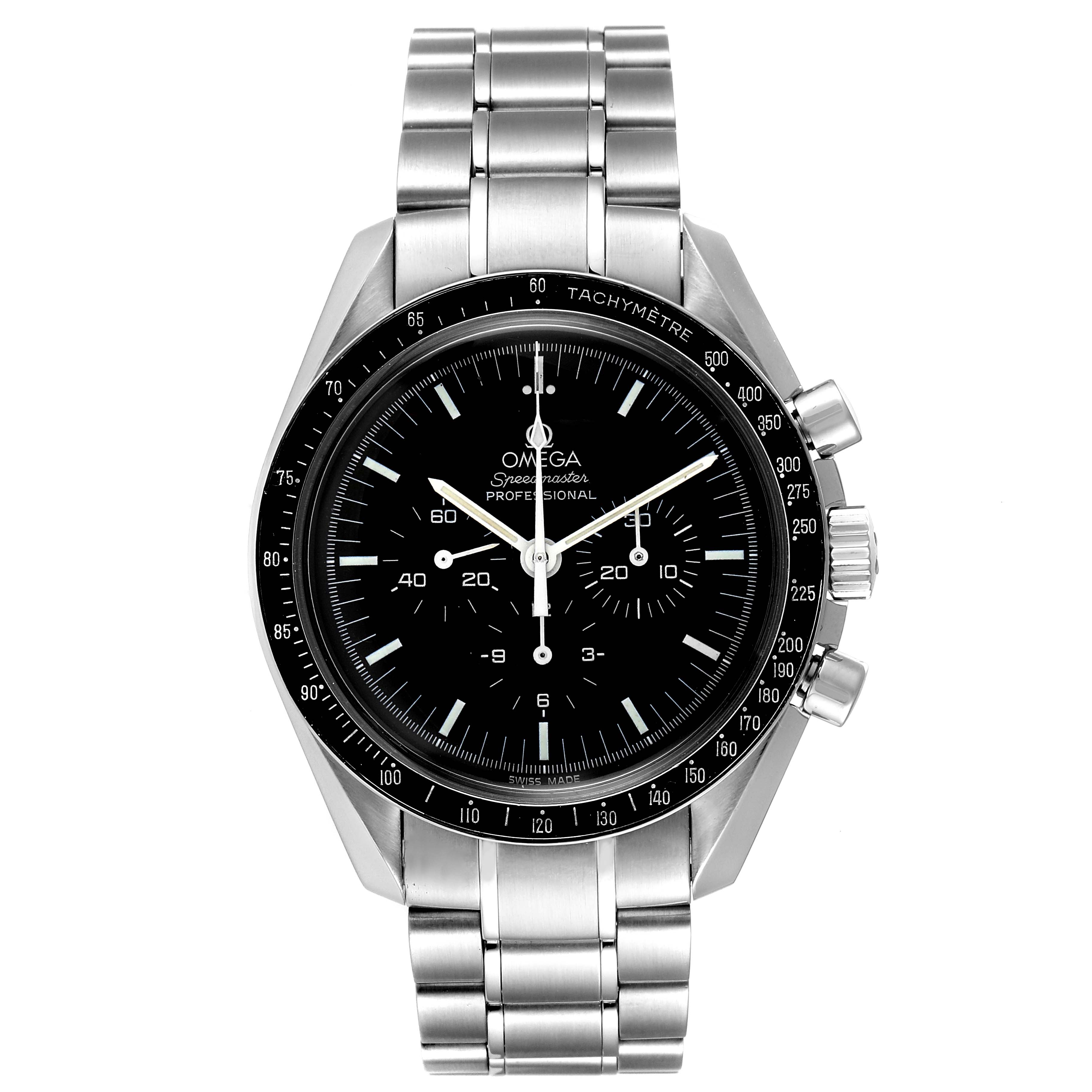 This Omega Speedmaster 3570.50.00 Men's Stainless Steel Black Dial 3570.50.00 Men's Stainless Steel Black Dial watch is shown from a front angle, displaying its face, bezel, and stainless steel bracelet.