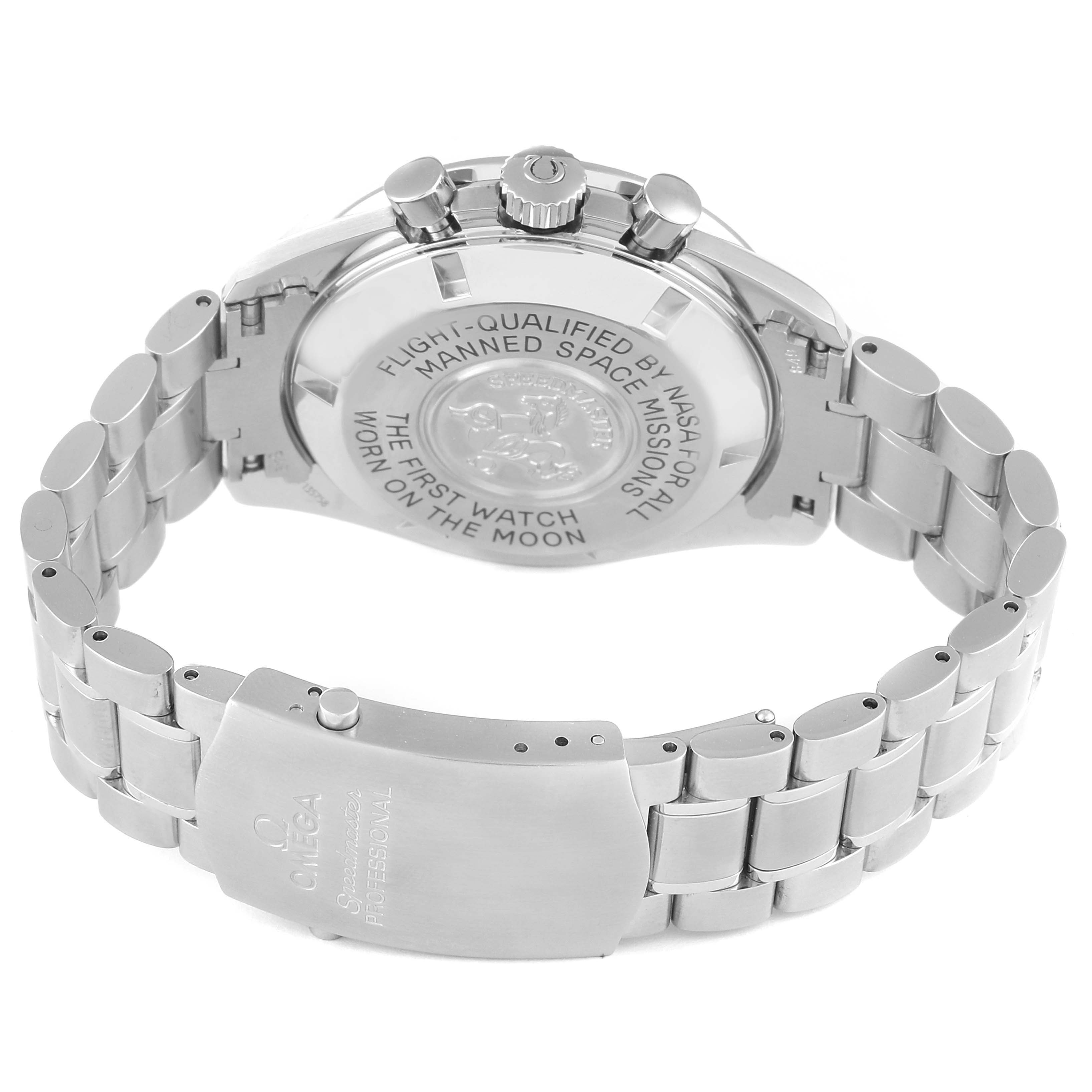 This image shows the back case and bracelet of the Omega Speedmaster 3570.50.00 Men's Stainless Steel Black Dial 3570.50.00 Men's Stainless Steel Black Dial watch, highlighting the engraved text and clasp.
