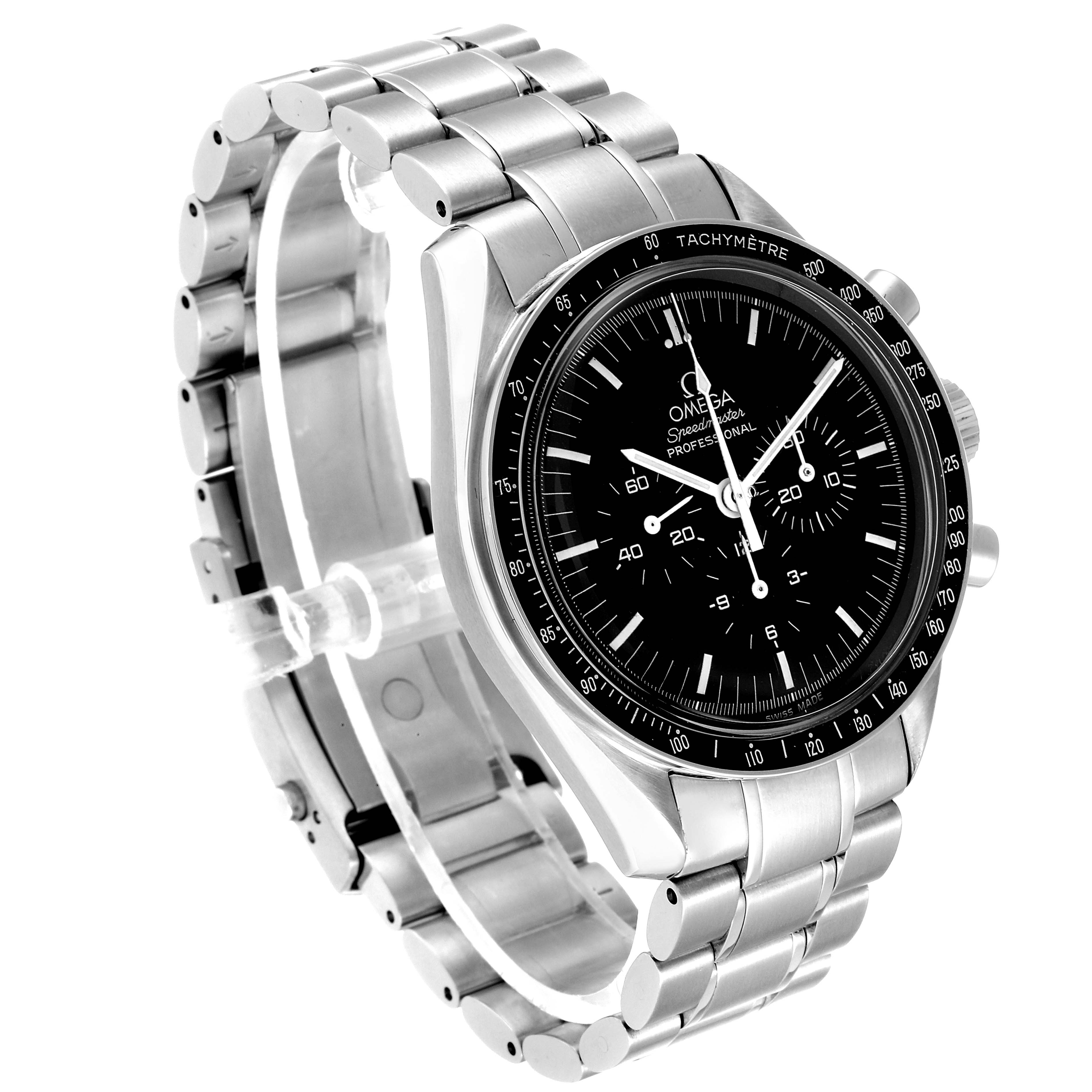 The image shows a front angled view of the Omega Speedmaster 3570.50.00 Men's Stainless Steel Black Dial 3570.50.00 Men's Stainless Steel Black Dial watch, showcasing its bezel, dial, and stainless steel bracelet.