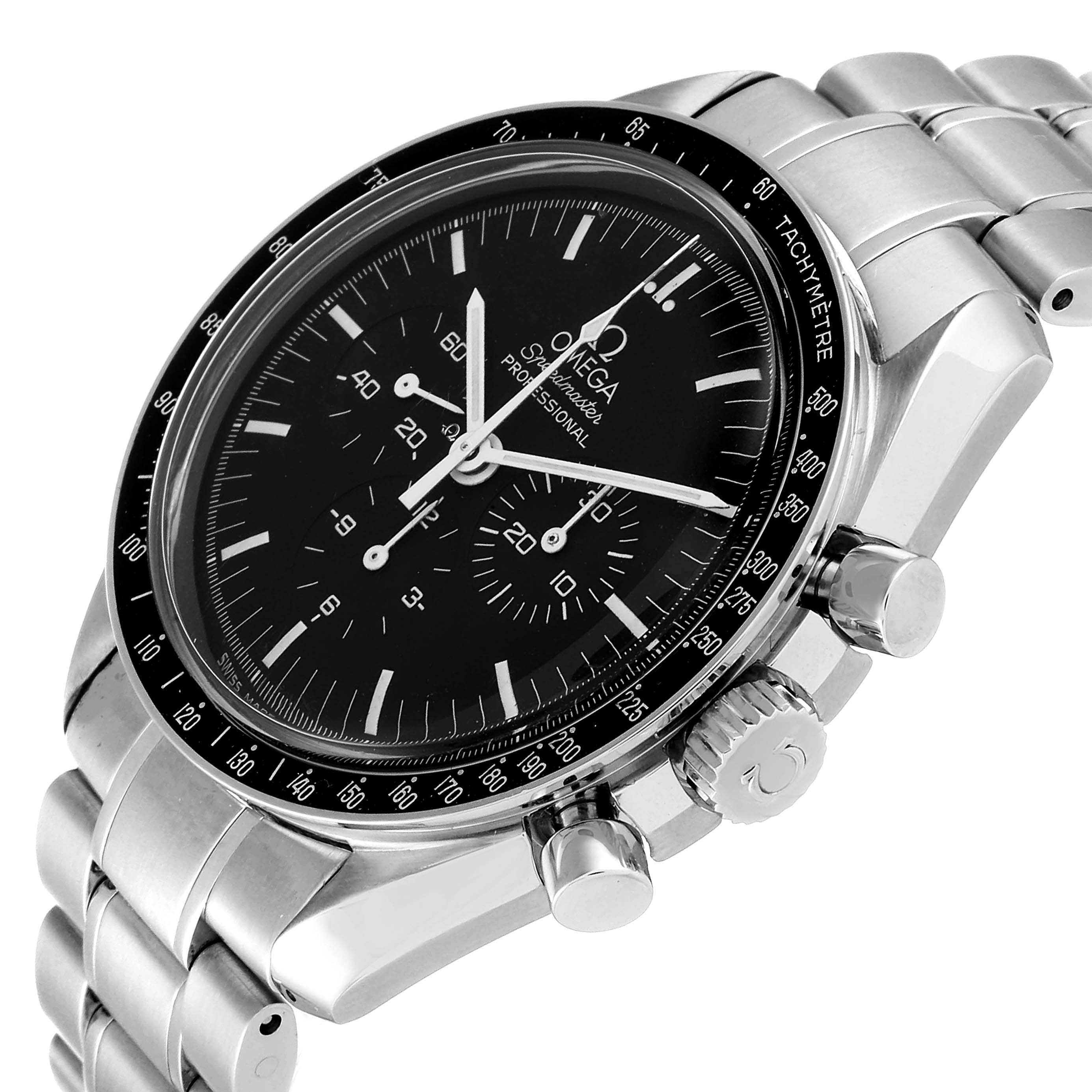 The Omega Speedmaster 3570.50.00 Men's Stainless Steel Black Dial 3570.50.00 Men's Stainless Steel Black Dial watch is shown at an angled view, featuring its face, bezel, chronograph pushers, crown, and bracelet.