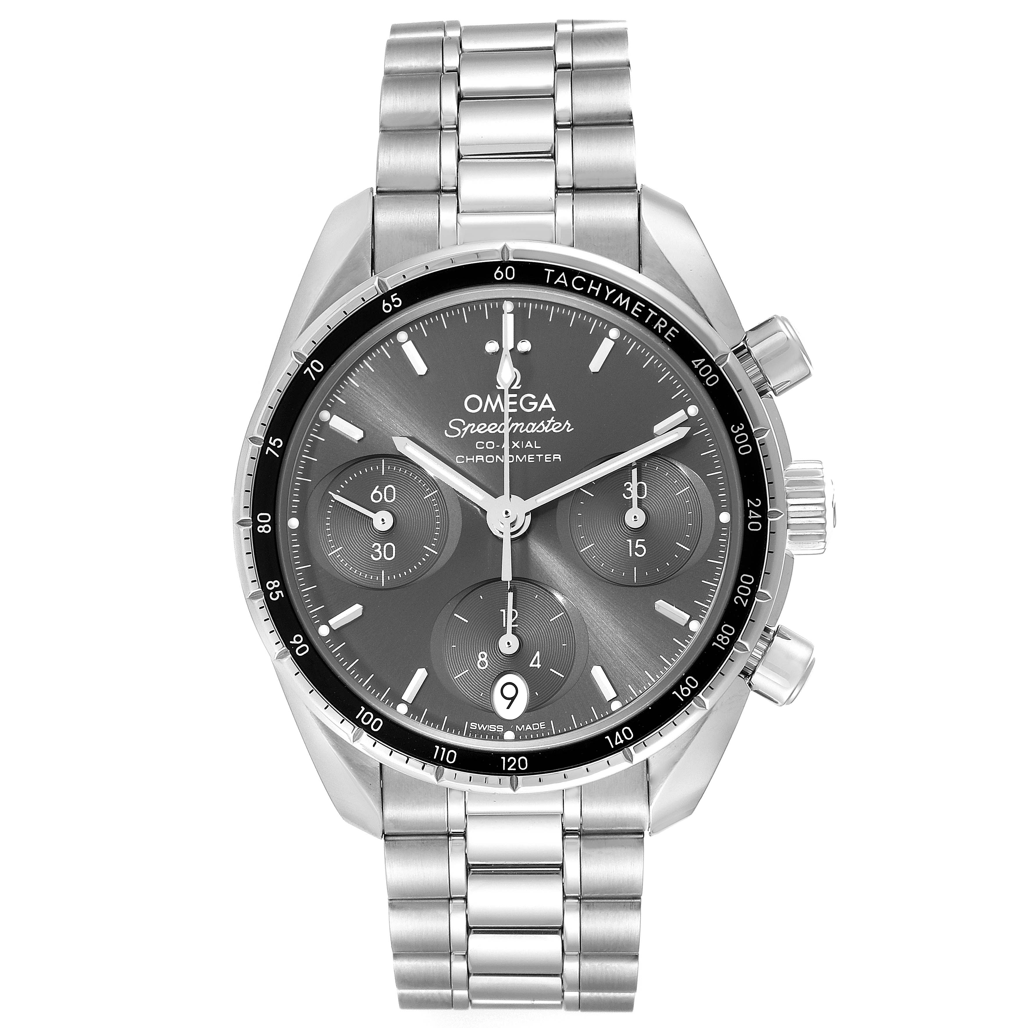 The Omega Speedmaster 324.30.38.50.06.001 Men's Stainless Steel Grey Dial 324.30.38.50.06.001 Men's Stainless Steel Grey Dial watch is shown from a top-down angle, highlighting its face, bezel, and bracelet in detail.