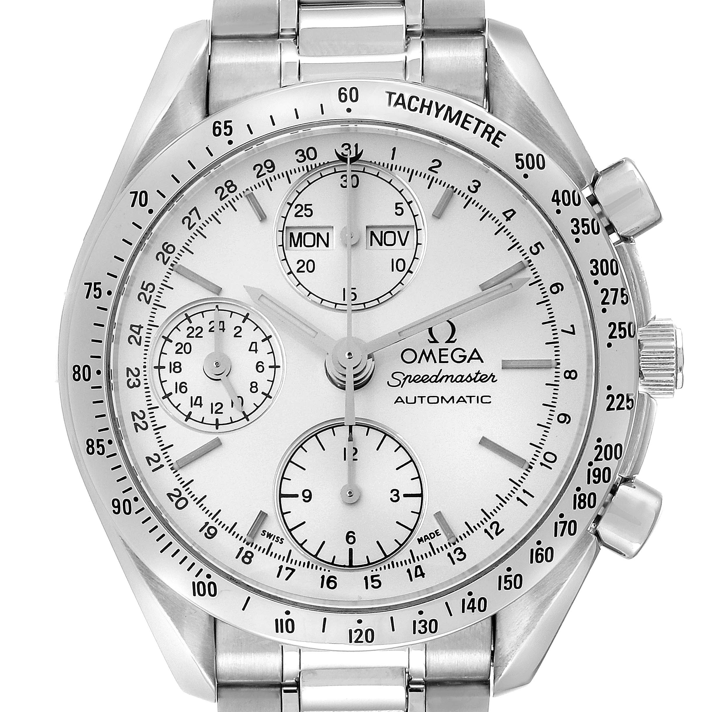 The image shows the front view of an Omega Speedmaster 3521.30.00 Men
s Stainless Steel Silver Dial 3521.30.00 Men
s Stainless Steel Silver Dial watch, featuring its dial, tachymeter bezel, subdials, and pushers.