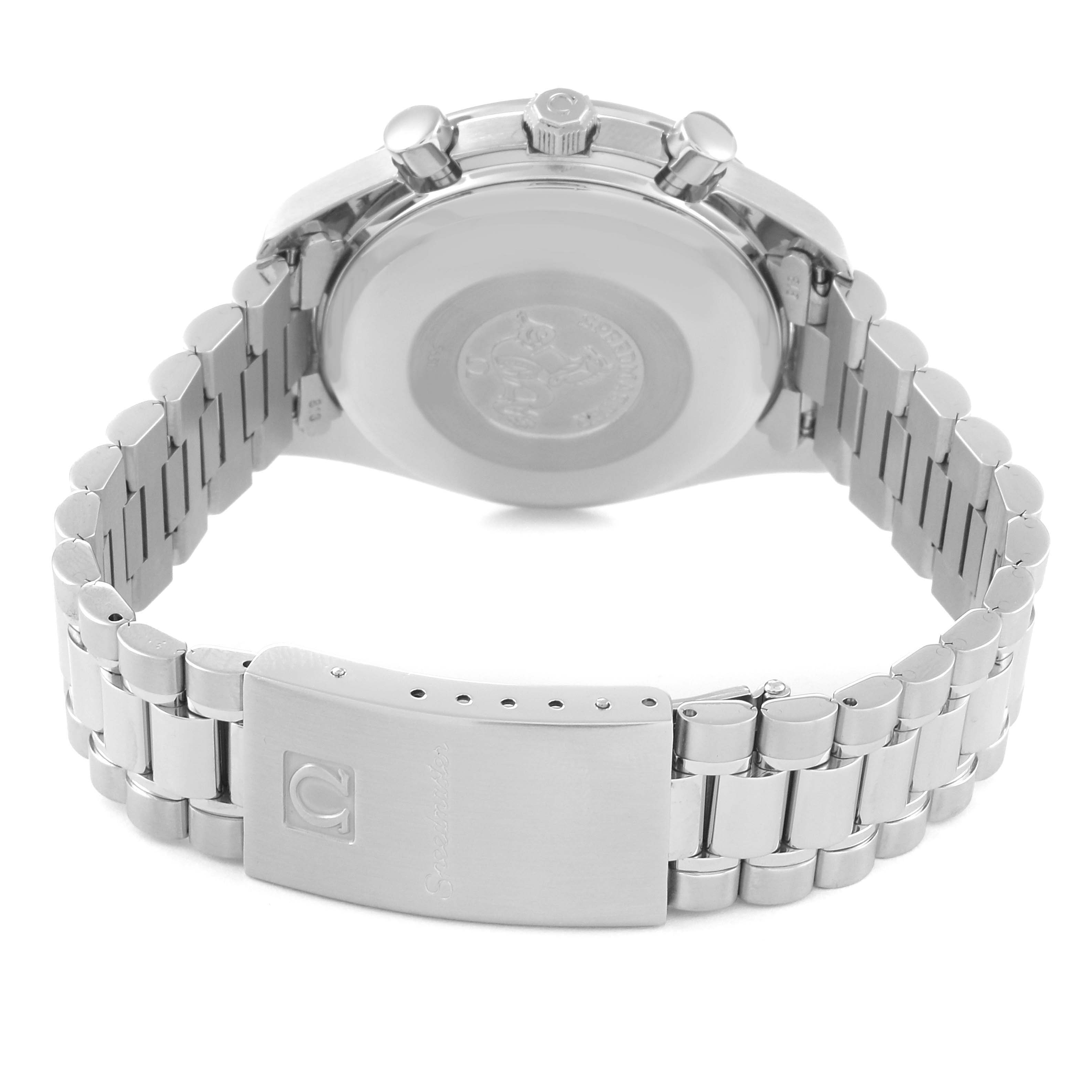 The image shows the back and bracelet of the Omega Speedmaster 3521.30.00 Men
s Stainless Steel Silver Dial 3521.30.00 Men
s Stainless Steel Silver Dial watch model, focusing on the clasp and back case.