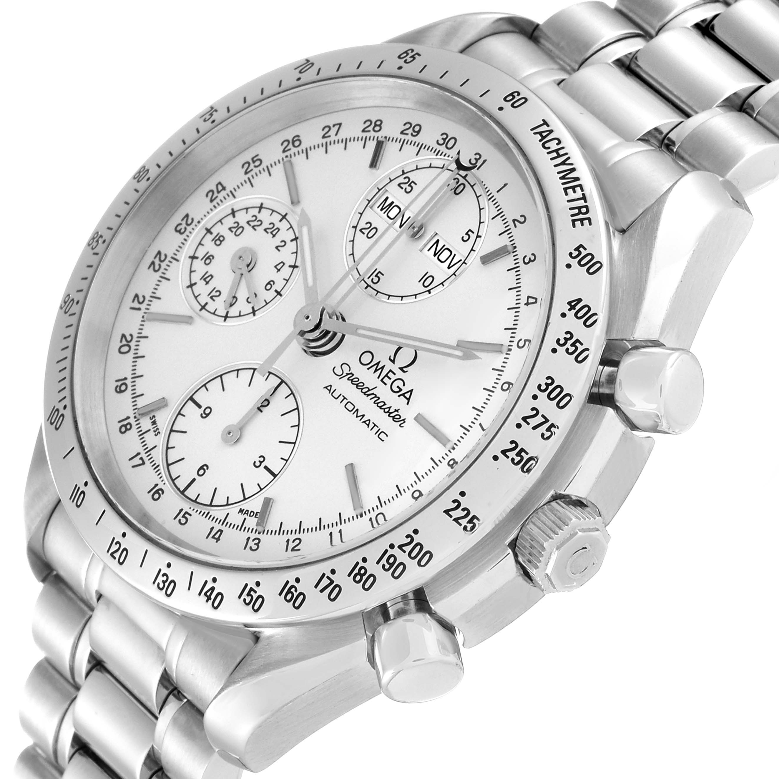 The image shows a detailed close-up of the Omega Speedmaster 3521.30.00 Men
s Stainless Steel Silver Dial 3521.30.00 Men
s Stainless Steel Silver Dial watch face and its metal bracelet from a slightly angled side view.