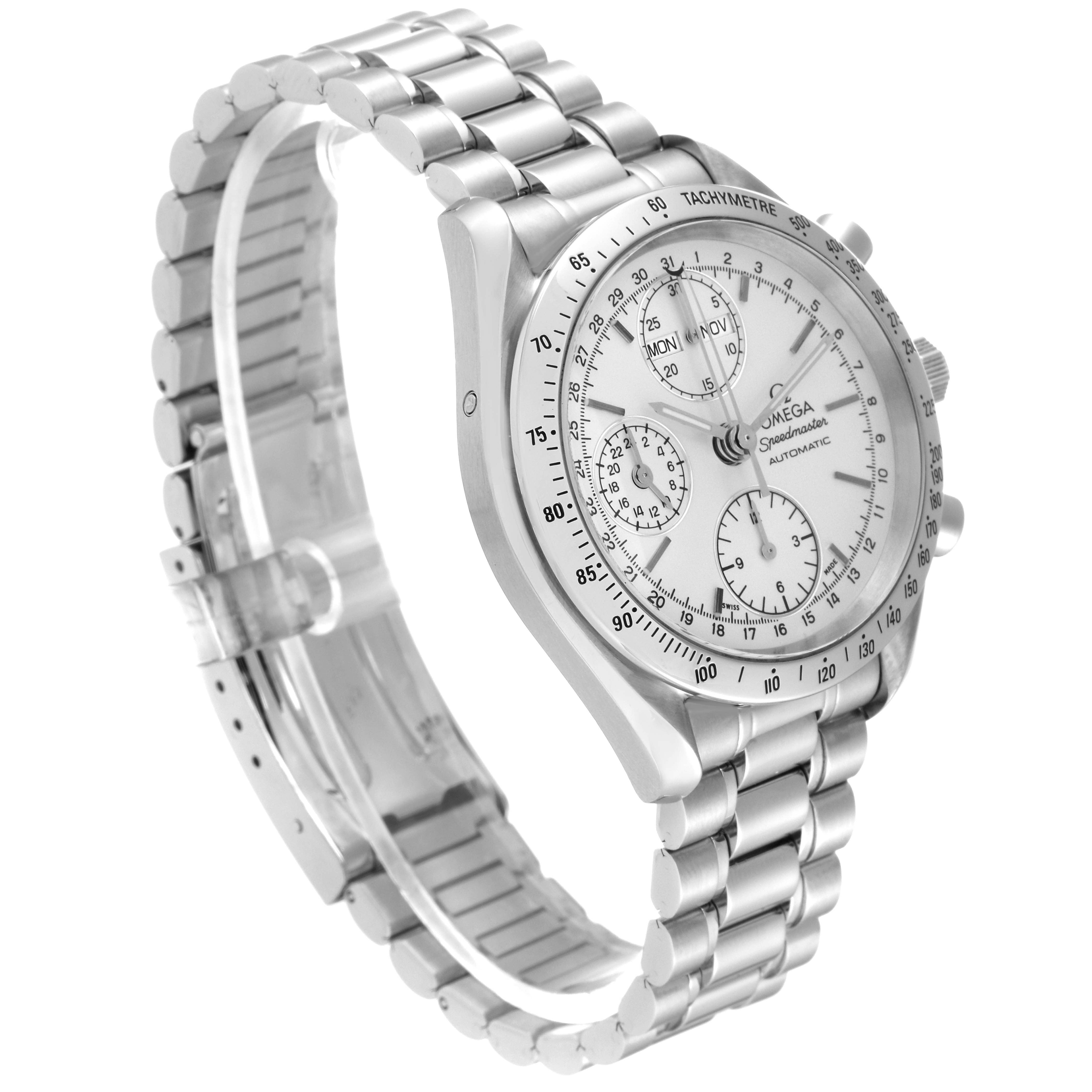 The Omega Speedmaster 3521.30.00 Men
s Stainless Steel Silver Dial 3521.30.00 Men
s Stainless Steel Silver Dial watch is shown at a three-quarter angle, highlighting its silver bracelet, chronograph dials, and tachymeter bezel.