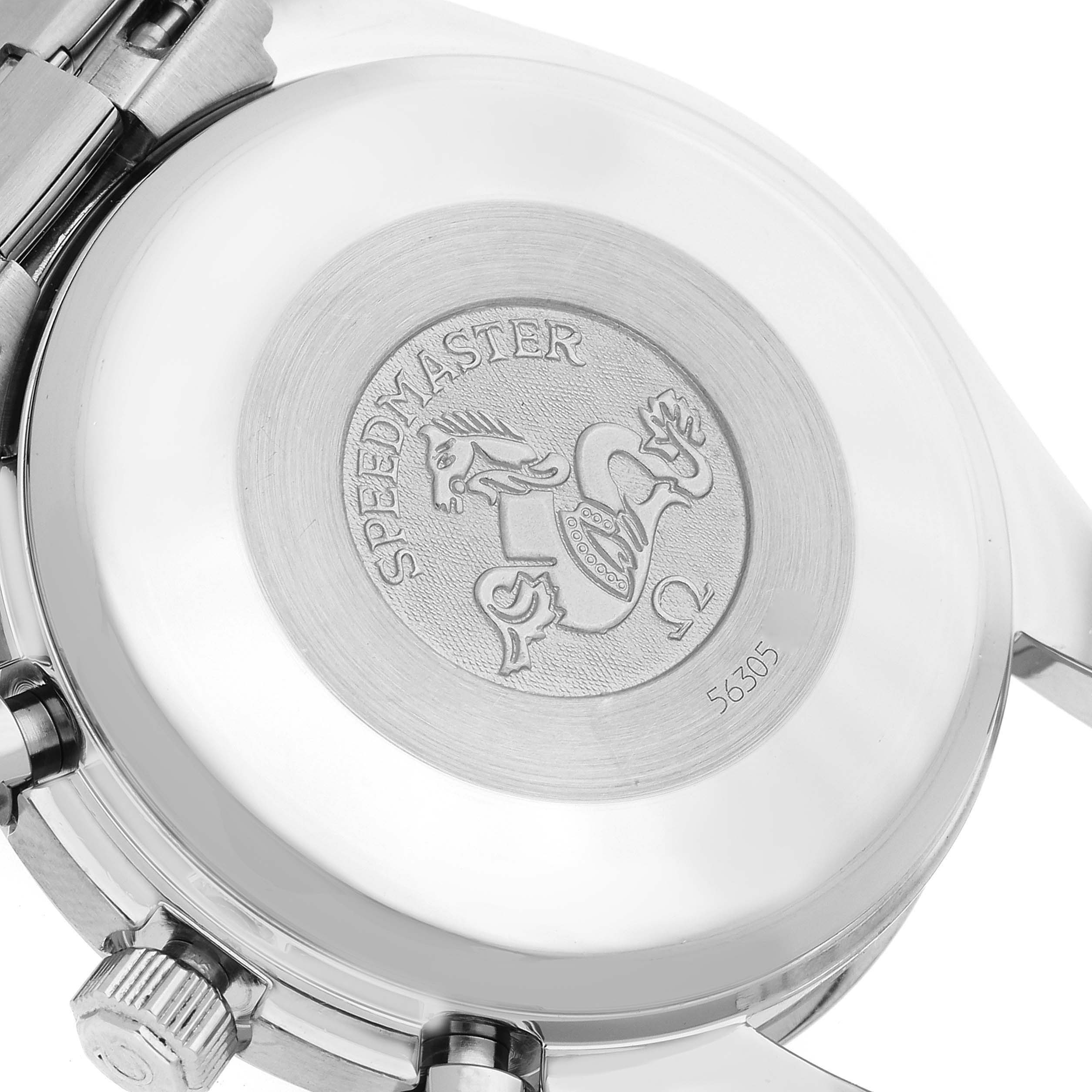 The image shows the case back of an Omega Speedmaster 3521.30.00 Men
s Stainless Steel Silver Dial 3521.30.00 Men
s Stainless Steel Silver Dial watch, featuring the Speedmaster logo and branding.