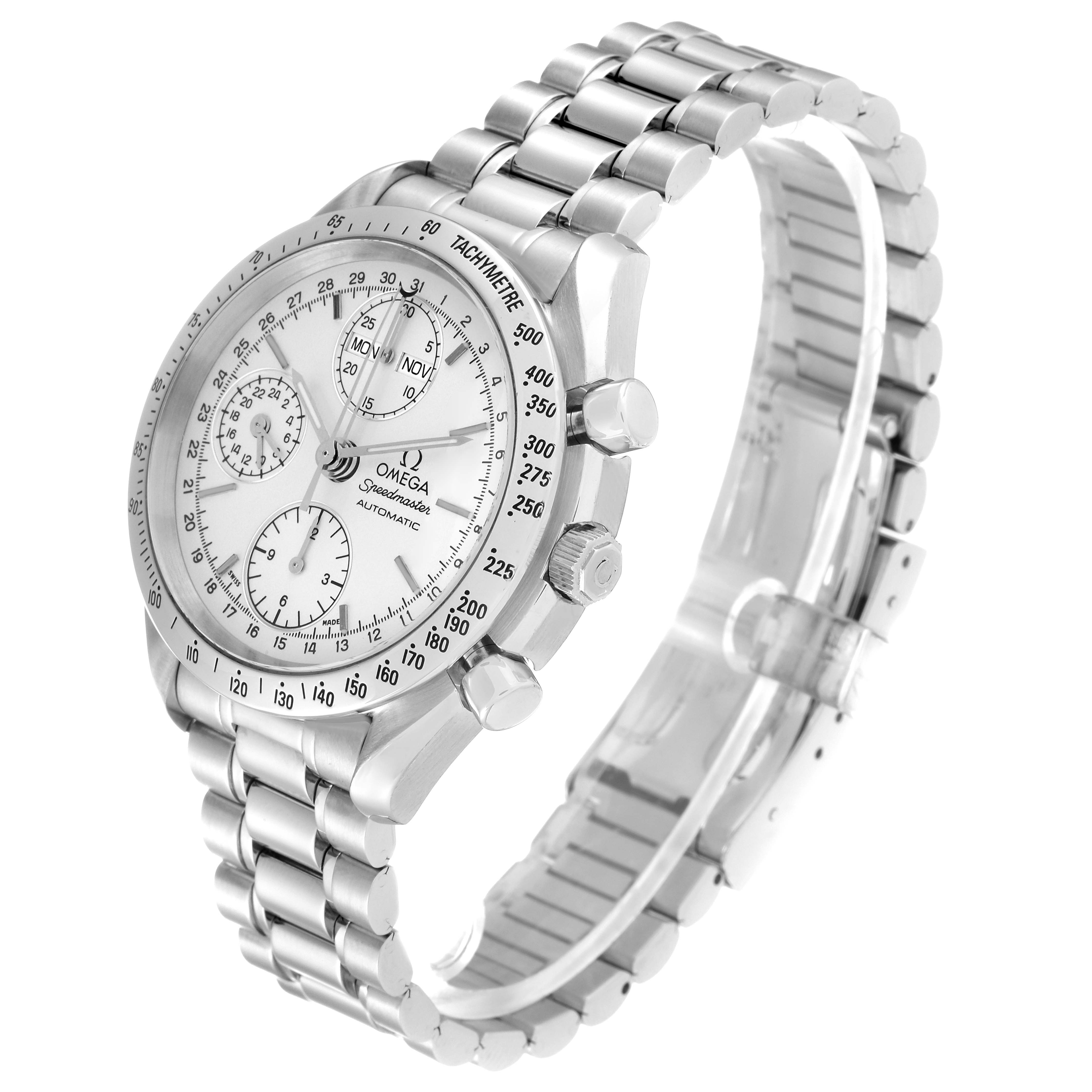 The image shows a side angle of the Omega Speedmaster 3521.30.00 Men
s Stainless Steel Silver Dial 3521.30.00 Men
s Stainless Steel Silver Dial watch, highlighting its dial, bezel, and metal bracelet.