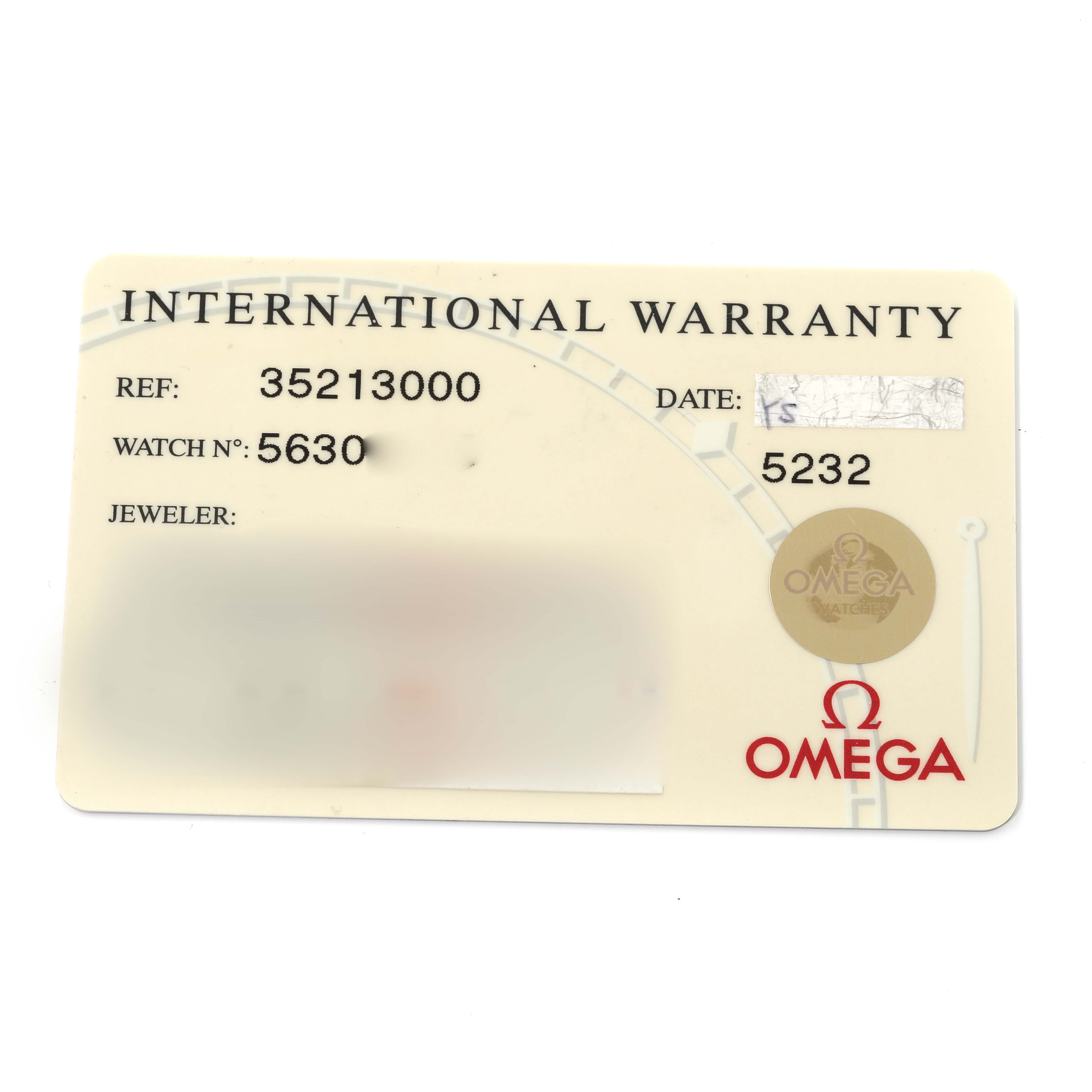 The image shows the international warranty card for an Omega Speedmaster 3521.30.00 Men
s Stainless Steel Silver Dial 3521.30.00 Men
s Stainless Steel Silver Dial watch, displaying reference and watch numbers.