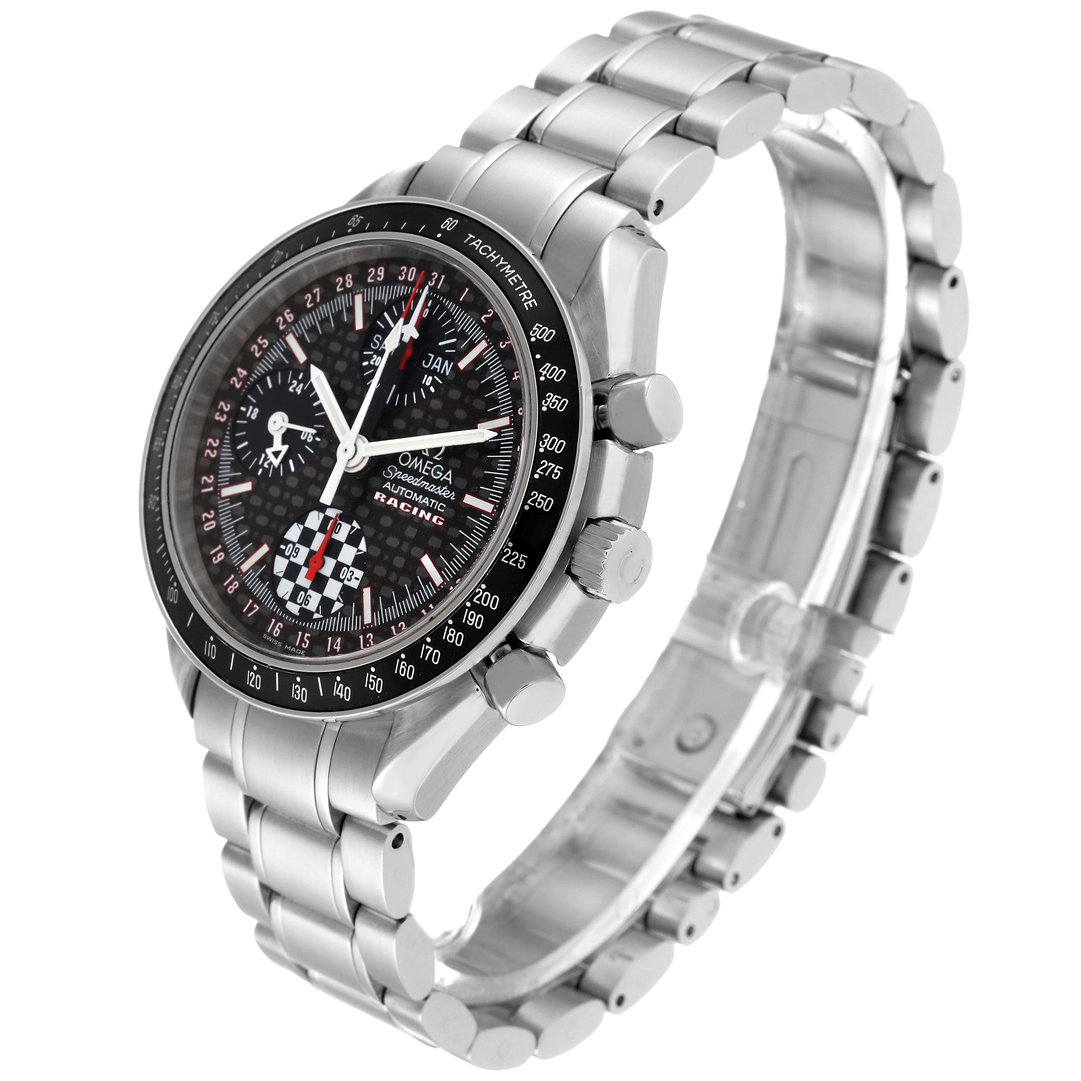 The Omega Speedmaster 3529.50.00 Men's Stainless Steel Black Dial 3529.50.00 Men's Stainless Steel Black Dial watch is shown at a three-quarter angle, highlighting its face, bezel, crown, pushers, and metal bracelet.