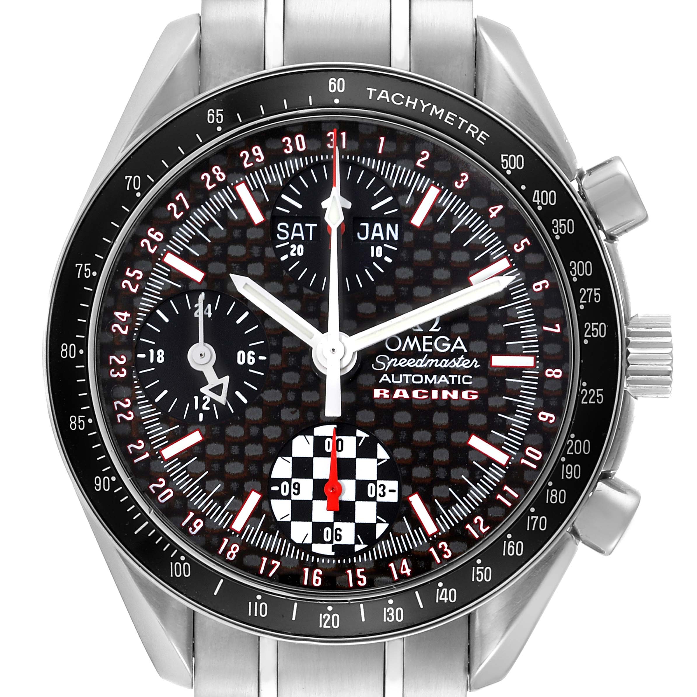 The image shows a front view of an Omega Speedmaster 3529.50.00 Men's Stainless Steel Black Dial 3529.50.00 Men's Stainless Steel Black Dial Racing watch, highlighting its dial, sub-dials, and tachymetre scale.