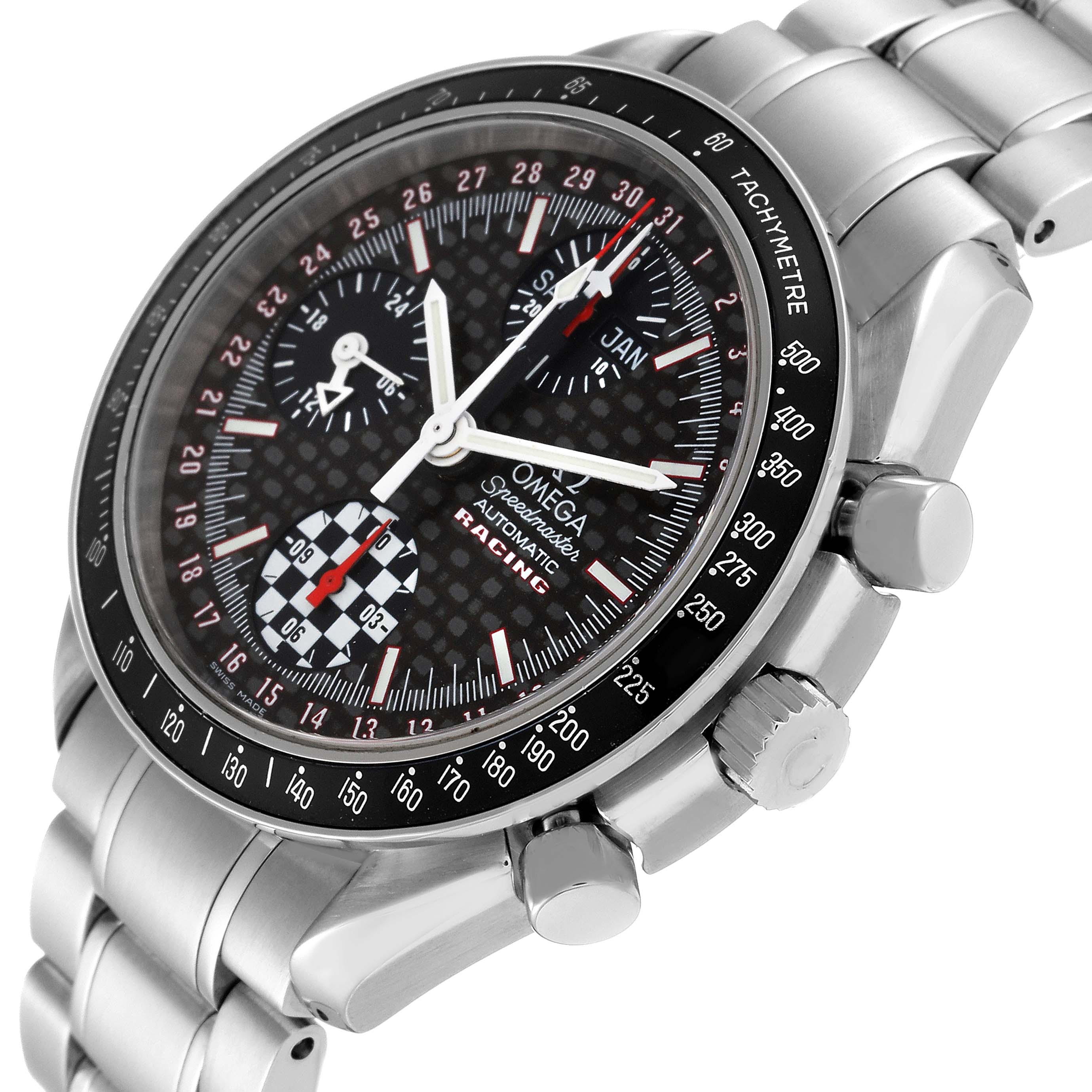 This image of the Omega Speedmaster 3529.50.00 Men's Stainless Steel Black Dial 3529.50.00 Men's Stainless Steel Black Dial watch is taken from an angled side view showing the dial, bezel, crown, and bracelet.