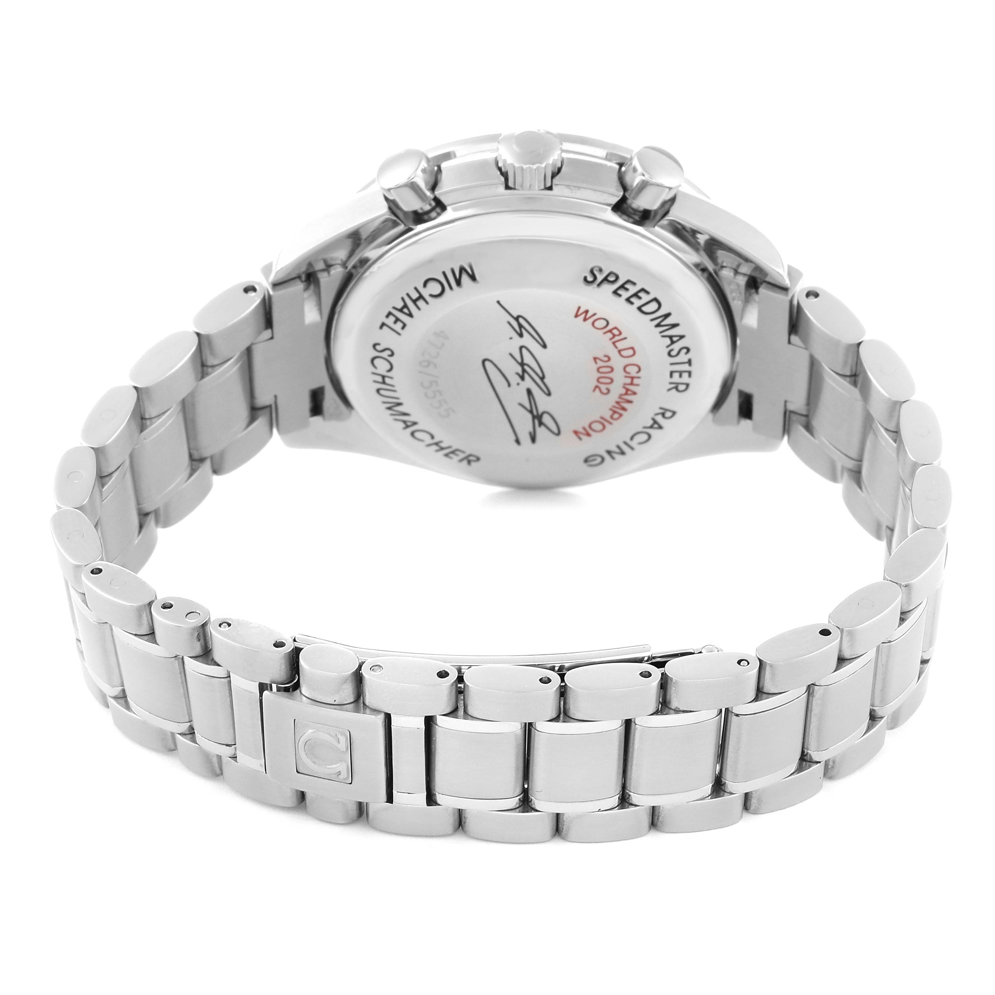 This image shows the back and bracelet of an Omega Speedmaster 3529.50.00 Men's Stainless Steel Black Dial 3529.50.00 Men's Stainless Steel Black Dial watch, highlighting the engraved caseback and clasp.