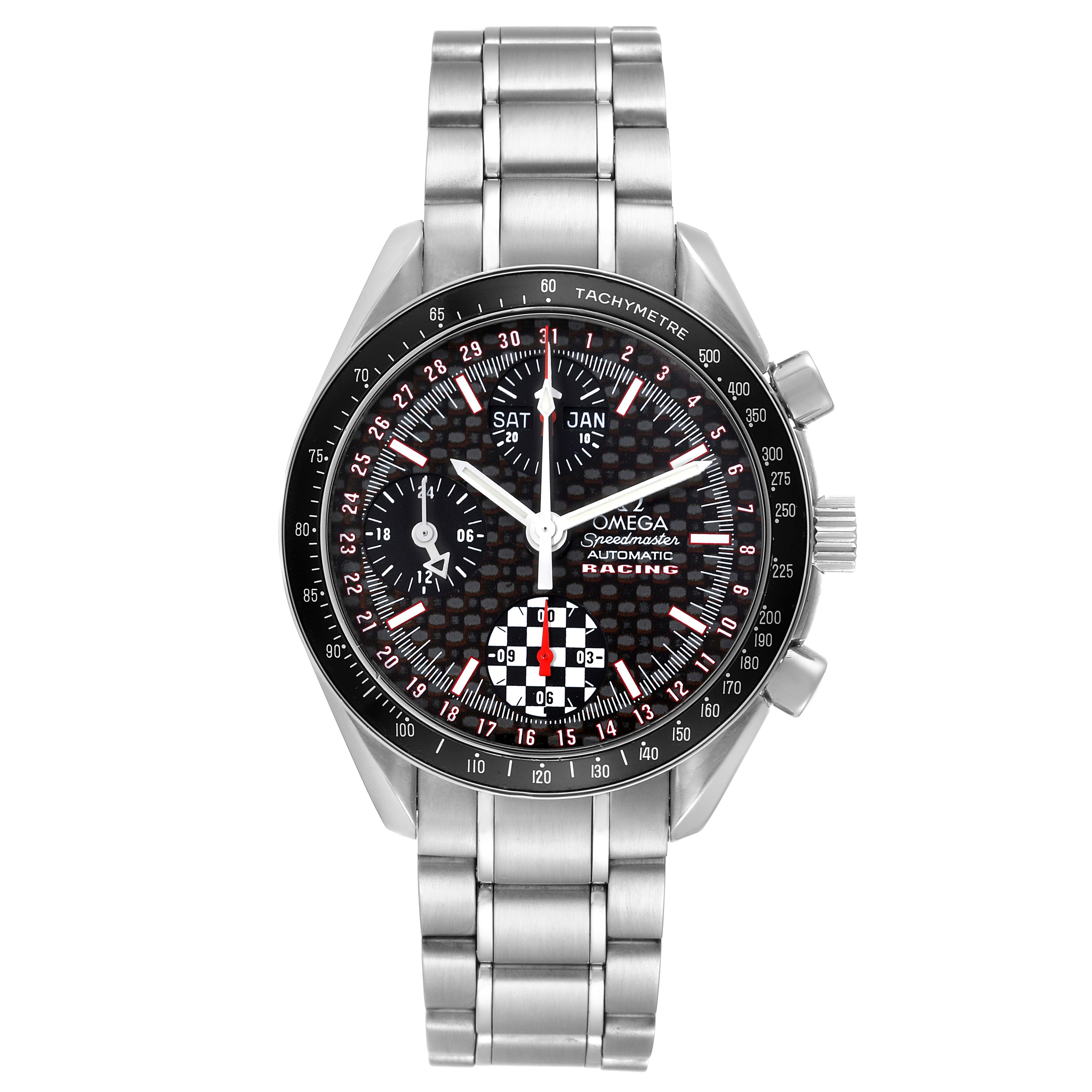 The image shows a front view of an Omega Speedmaster 3529.50.00 Men's Stainless Steel Black Dial 3529.50.00 Men's Stainless Steel Black Dial Racing watch with a metal bracelet, detailed dial, and side pushers.