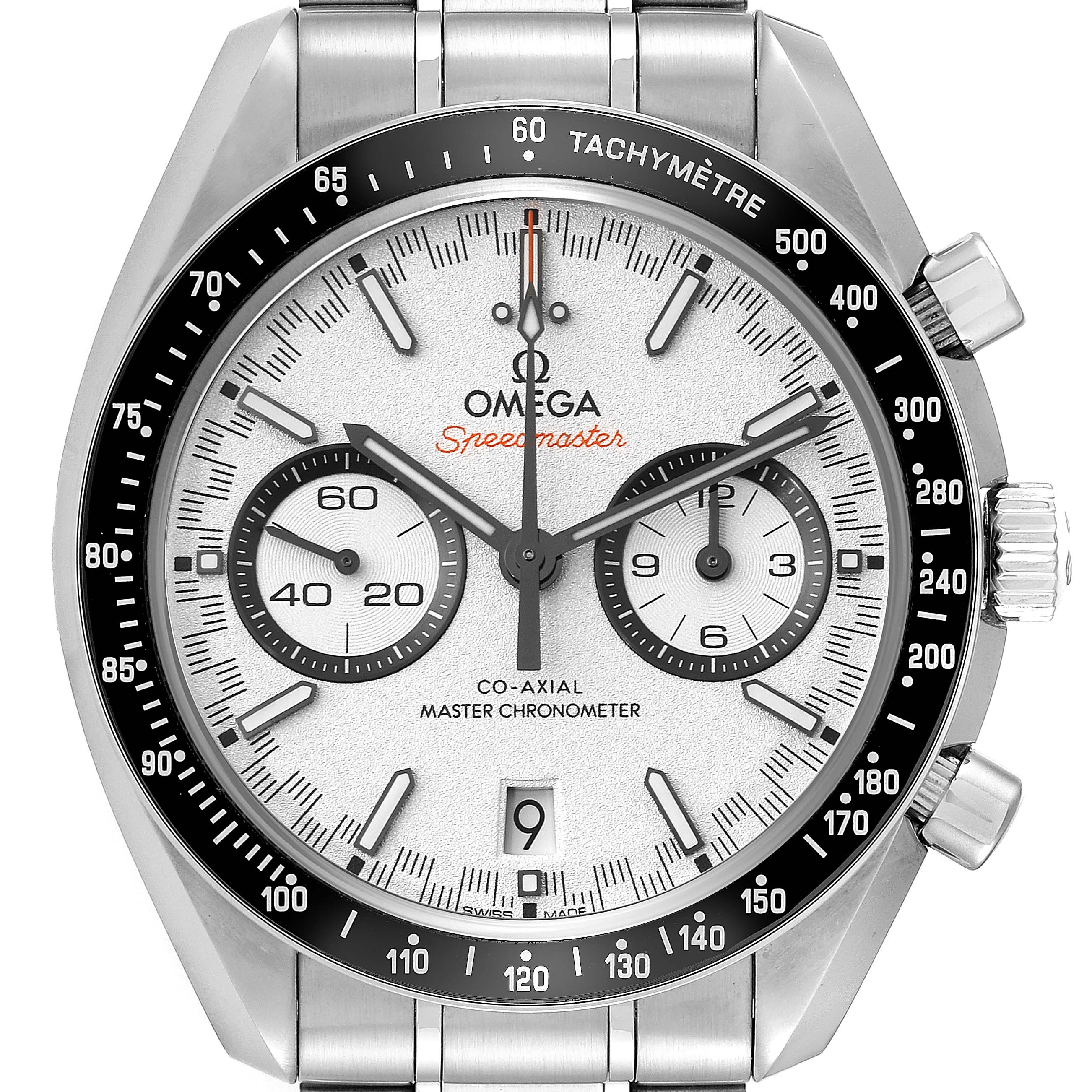 The image shows a front view of the Omega Speedmaster 329.30.44.51.04.001 Men
s Stainless Steel Silver Dial 329.30.44.51.04.001 Men
s Stainless Steel Silver Dial watch, displaying its dial, bezel, hands, and subdials.