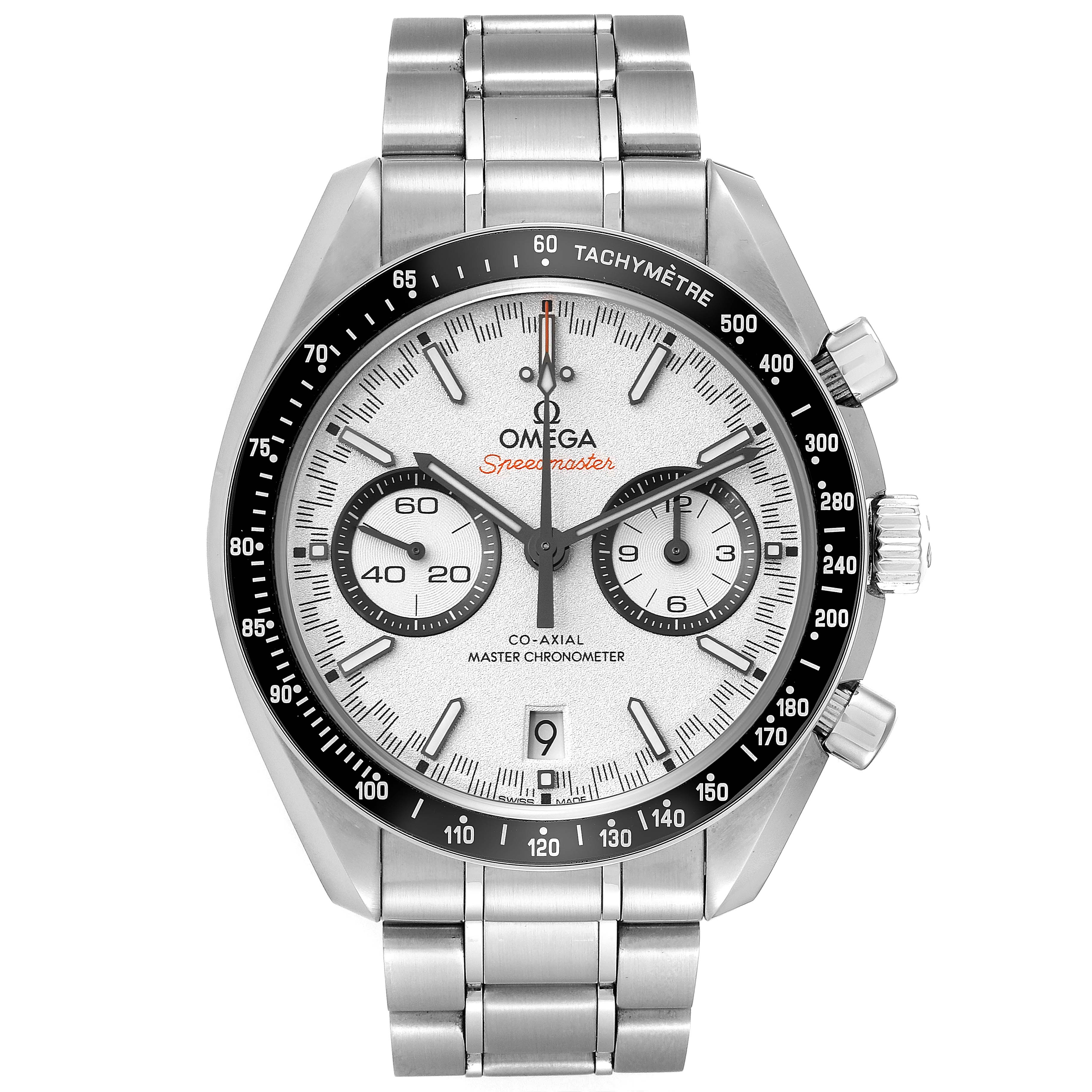 This image shows a front view of an Omega Speedmaster 329.30.44.51.04.001 Men
s Stainless Steel Silver Dial 329.30.44.51.04.001 Men
s Stainless Steel Silver Dial watch, highlighting its face, bezel, and stainless steel bracelet.