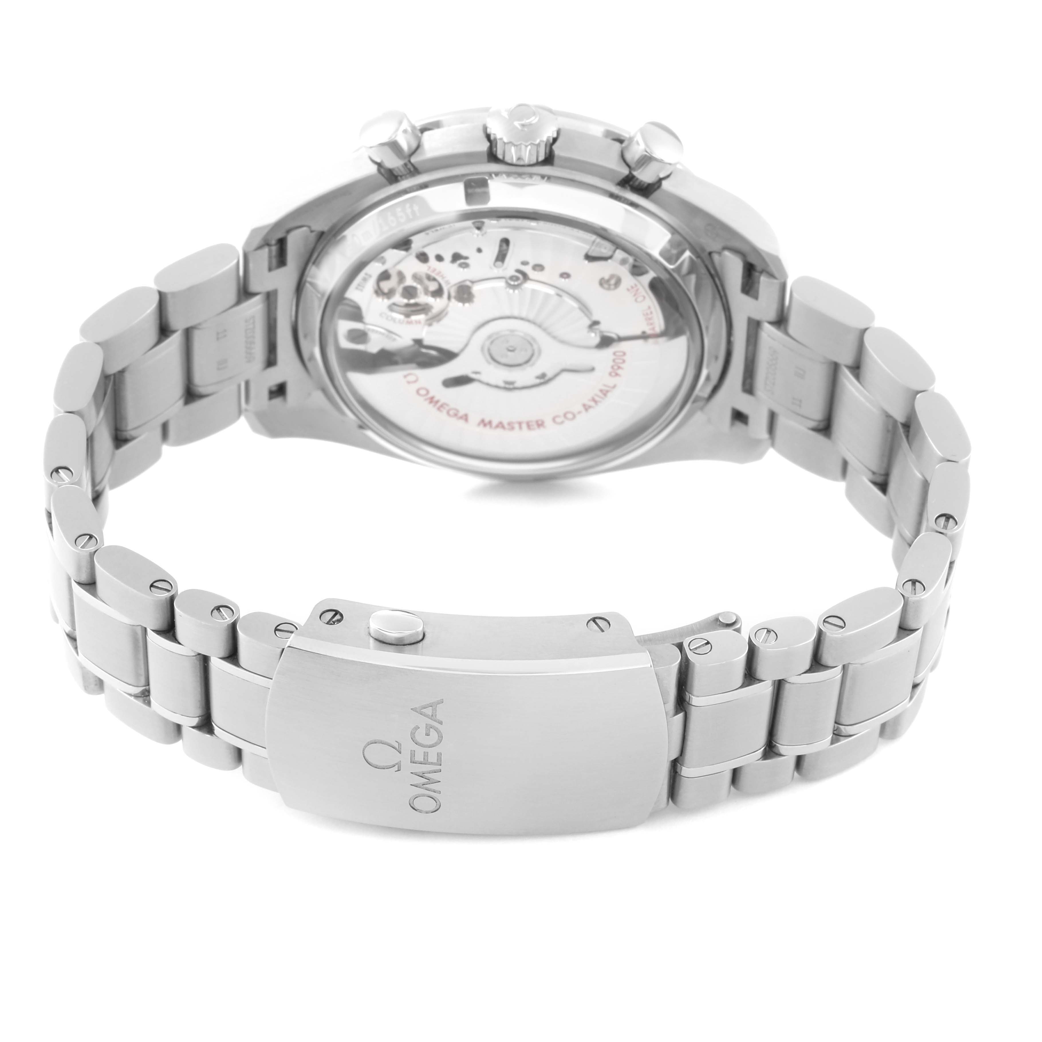 The image shows the back view of an Omega Speedmaster 329.30.44.51.04.001 Men
s Stainless Steel Silver Dial 329.30.44.51.04.001 Men
s Stainless Steel Silver Dial watch, highlighting its case back, movement, and stainless steel bracelet with a clasp.