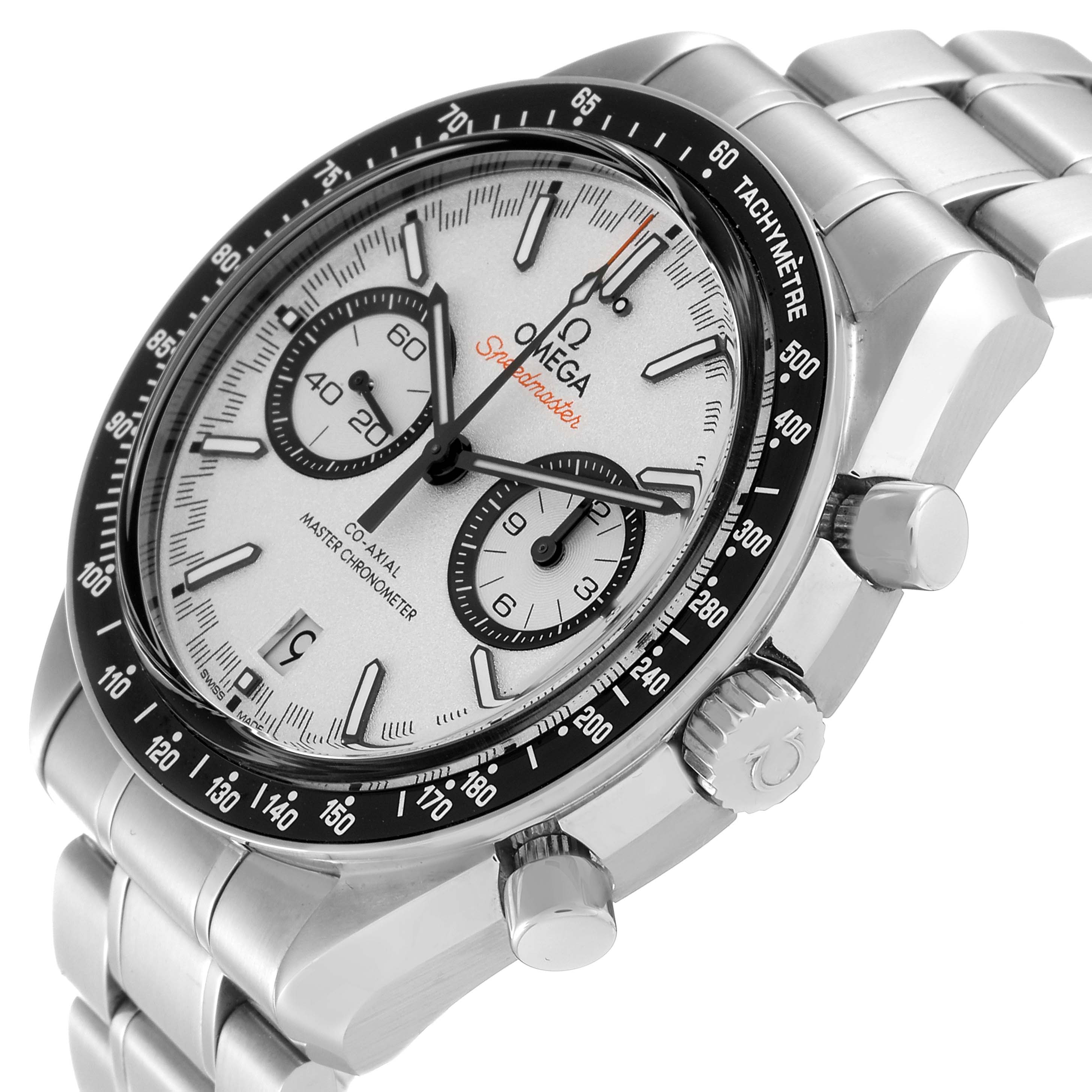 The image shows the Omega Speedmaster 329.30.44.51.04.001 Men
s Stainless Steel Silver Dial 329.30.44.51.04.001 Men
s Stainless Steel Silver Dial watch from a diagonal angle, highlighting its face, chronograph sub-dials, and stainless steel bracelet.