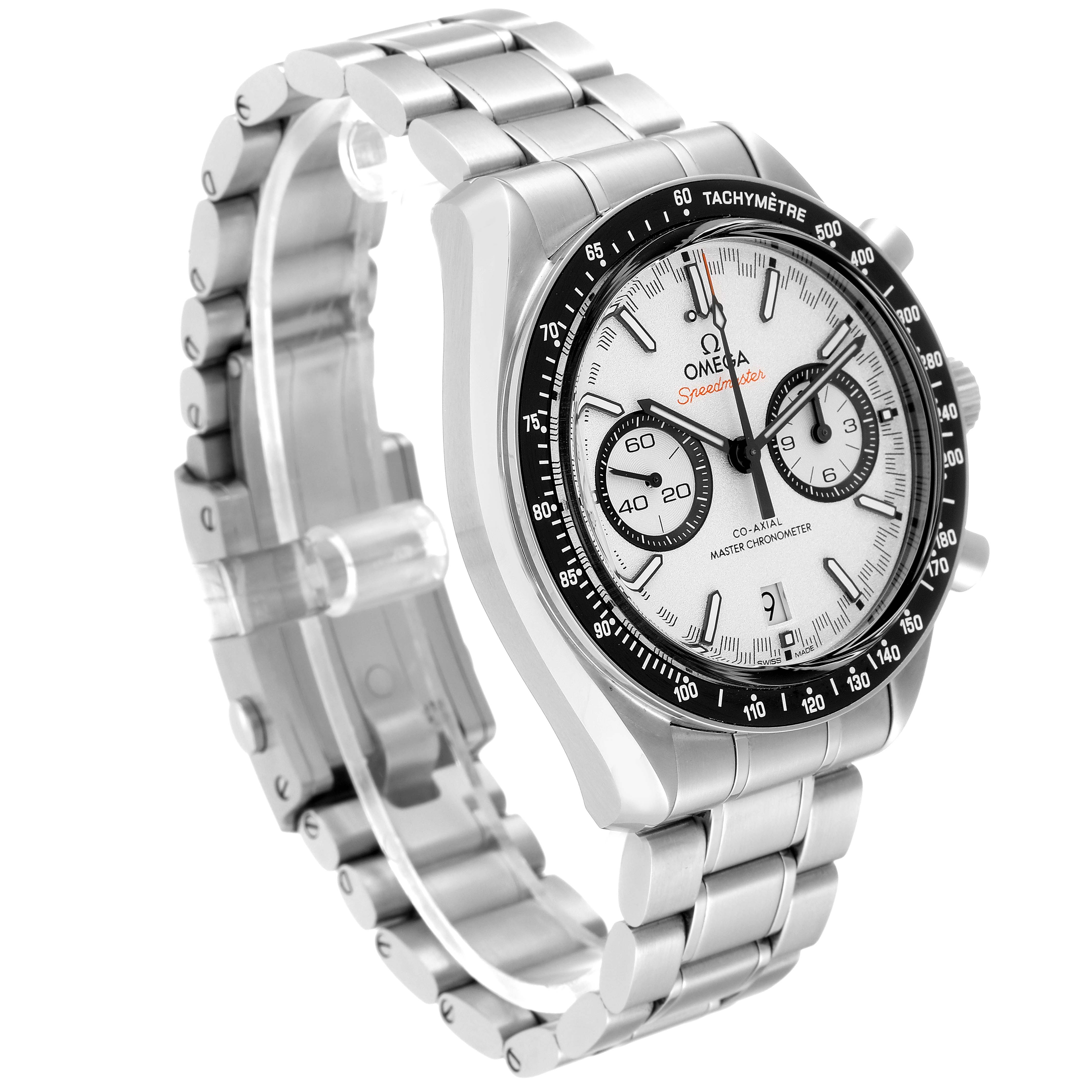 The Omega Speedmaster 329.30.44.51.04.001 Men
s Stainless Steel Silver Dial 329.30.44.51.04.001 Men
s Stainless Steel Silver Dial watch is shown at an angle that highlights its white dial, tachymeter bezel, and stainless steel bracelet.