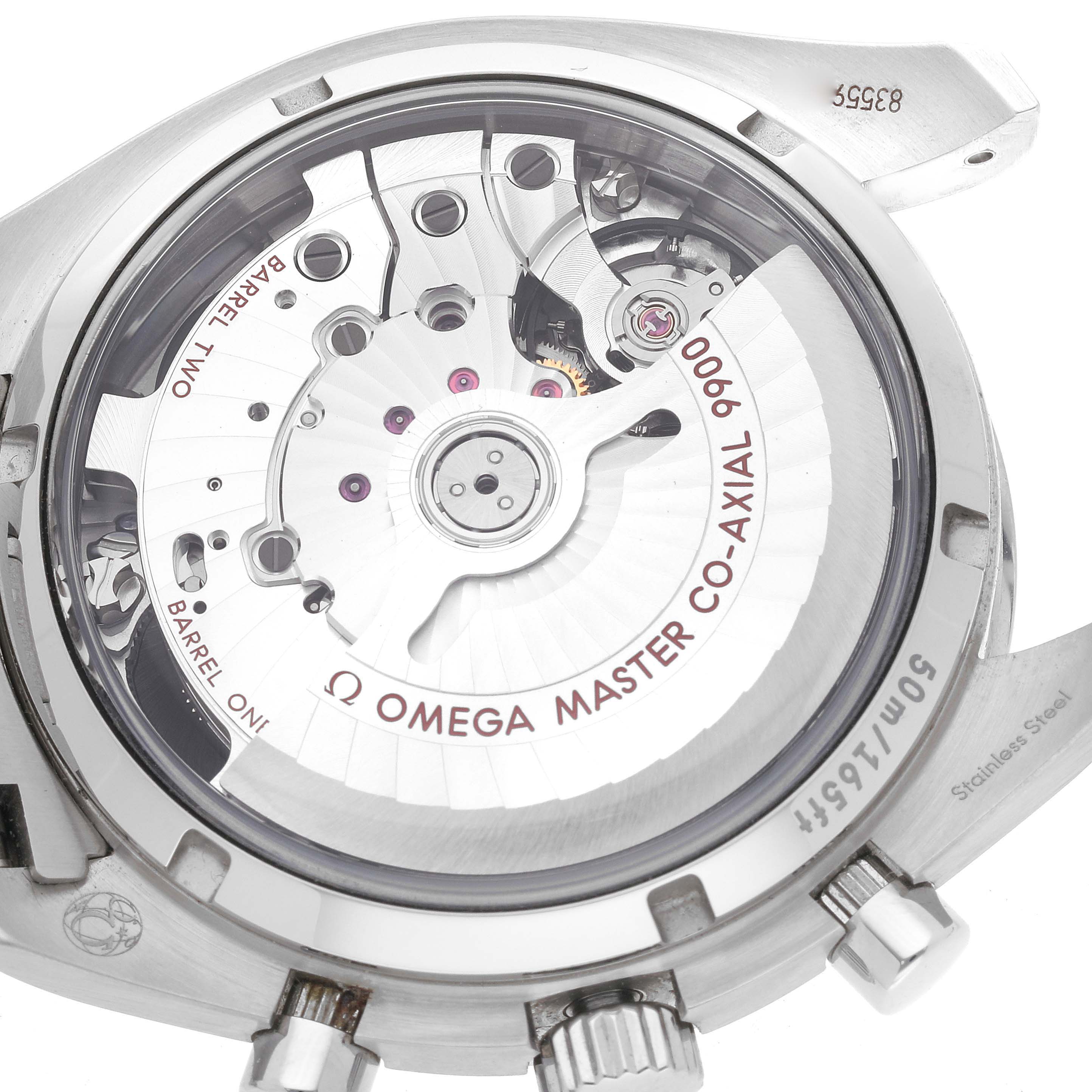 The image shows the case back of the Omega Speedmaster 329.30.44.51.04.001 Men
s Stainless Steel Silver Dial 329.30.44.51.04.001 Men
s Stainless Steel Silver Dial, revealing the Omega Master Co-Axial 9900 movement.