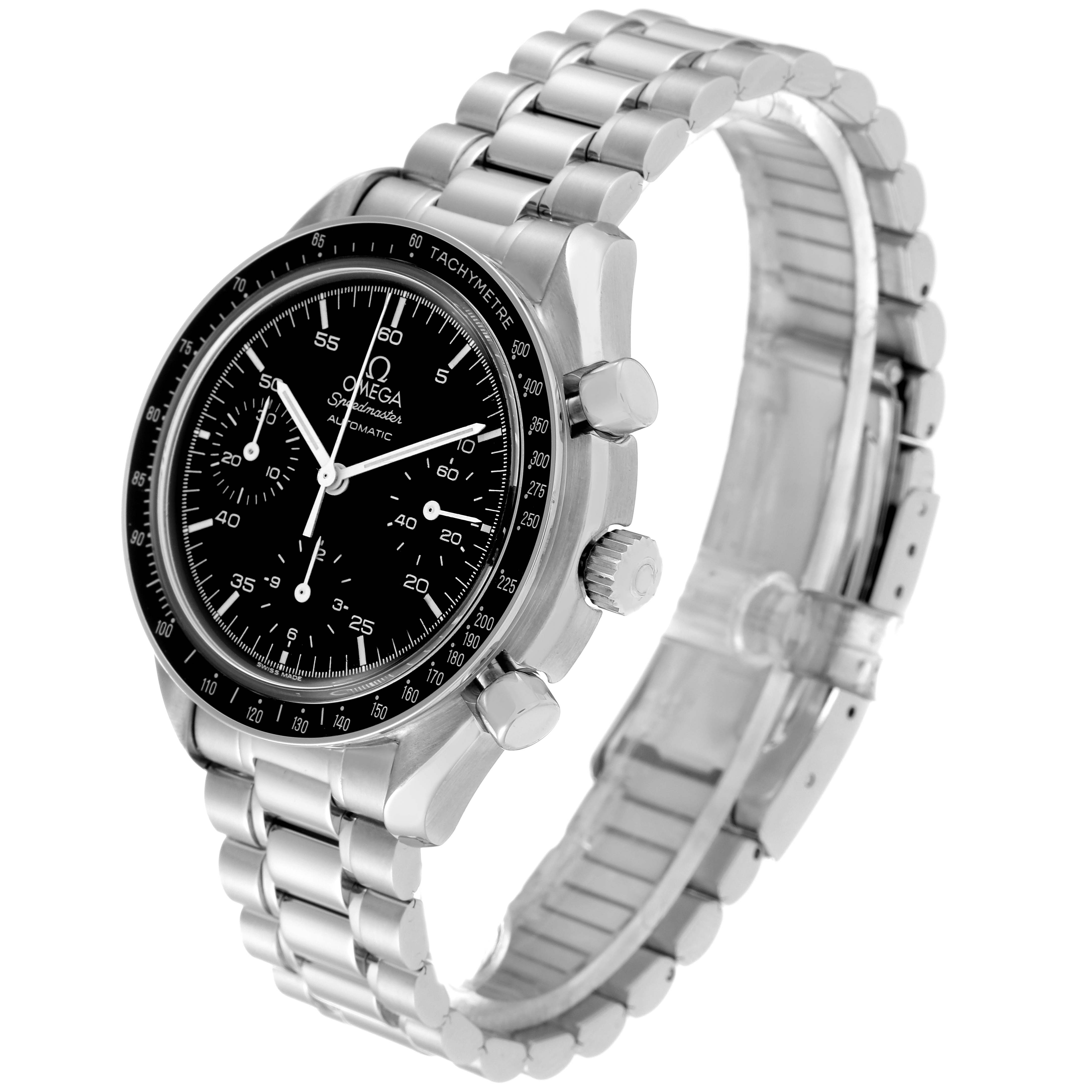 The Omega Speedmaster 3510.50.00 Men
s Stainless Steel Black Dial 3510.50.00 Men
s Stainless Steel Black Dial watch is shown at an oblique angle, displaying the face, bezel, crown, pushers, and metal bracelet.