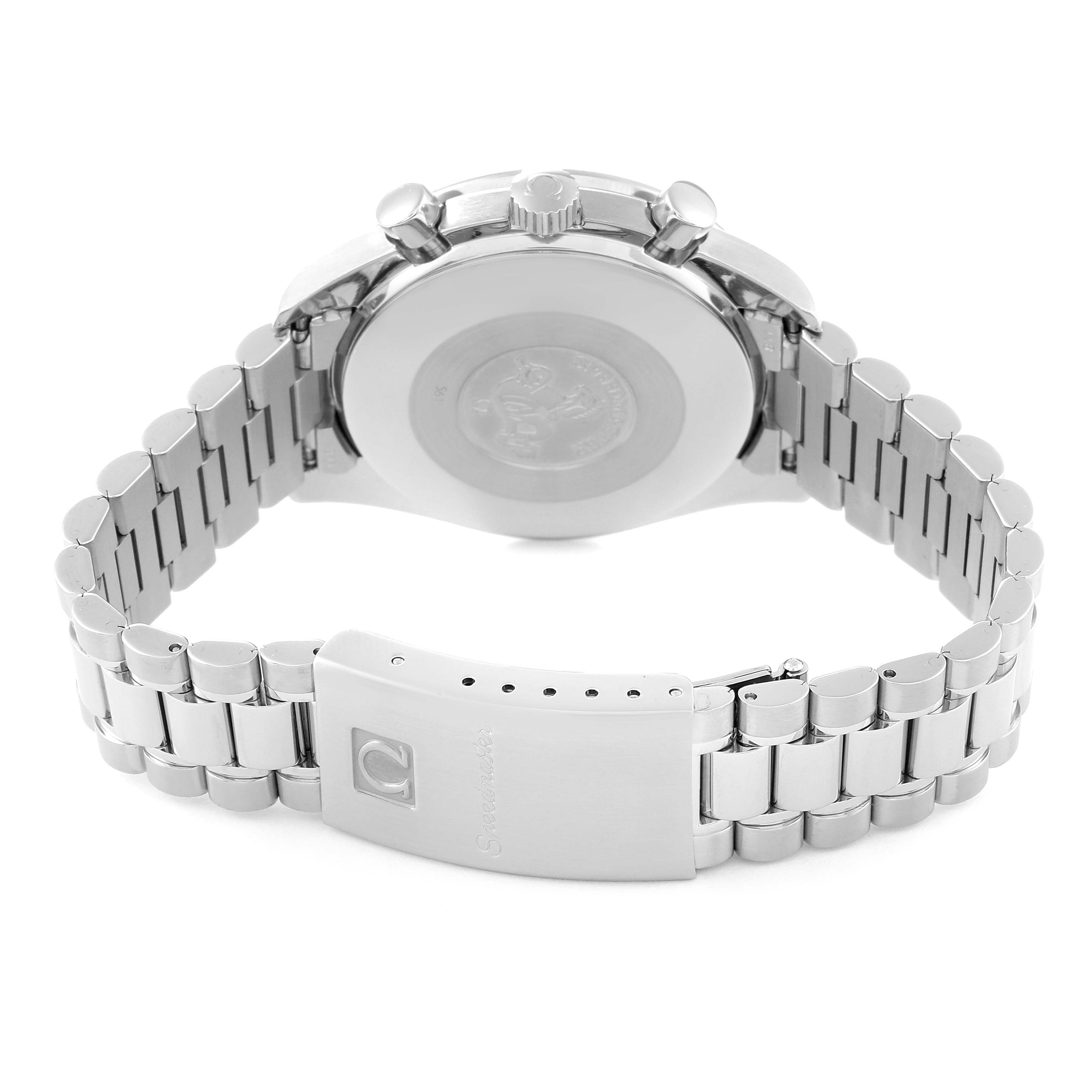 The Omega Speedmaster 3510.50.00 Men
s Stainless Steel Black Dial 3510.50.00 Men
s Stainless Steel Black Dial watch is shown from the rear, detailing the case back, crown, pushers, and part of the stainless steel bracelet.