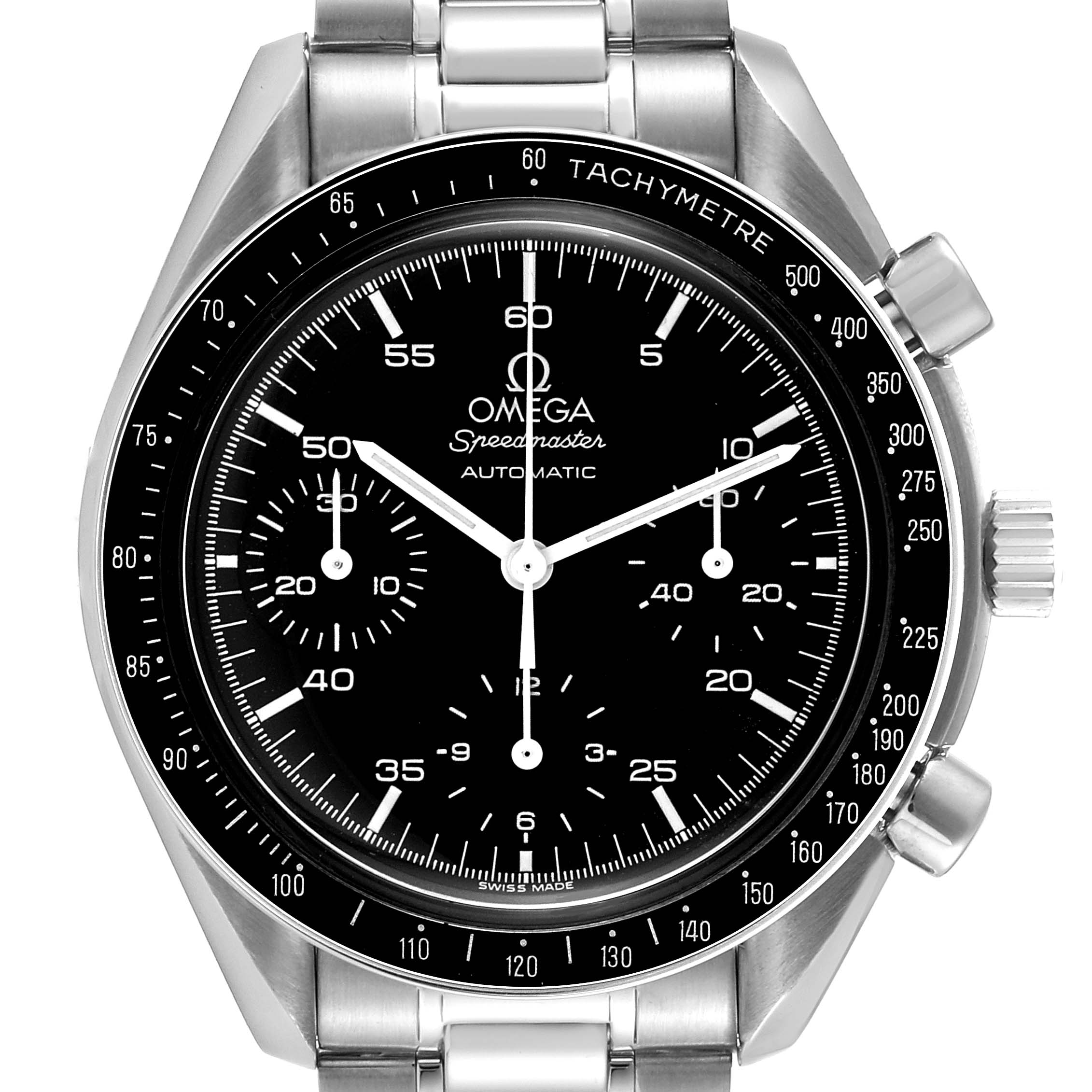 The Omega Speedmaster 3510.50.00 Men
s Stainless Steel Black Dial 3510.50.00 Men
s Stainless Steel Black Dial watch shown is captured from the front, highlighting the dial, bezel, sub-dials, crown, and pushers.