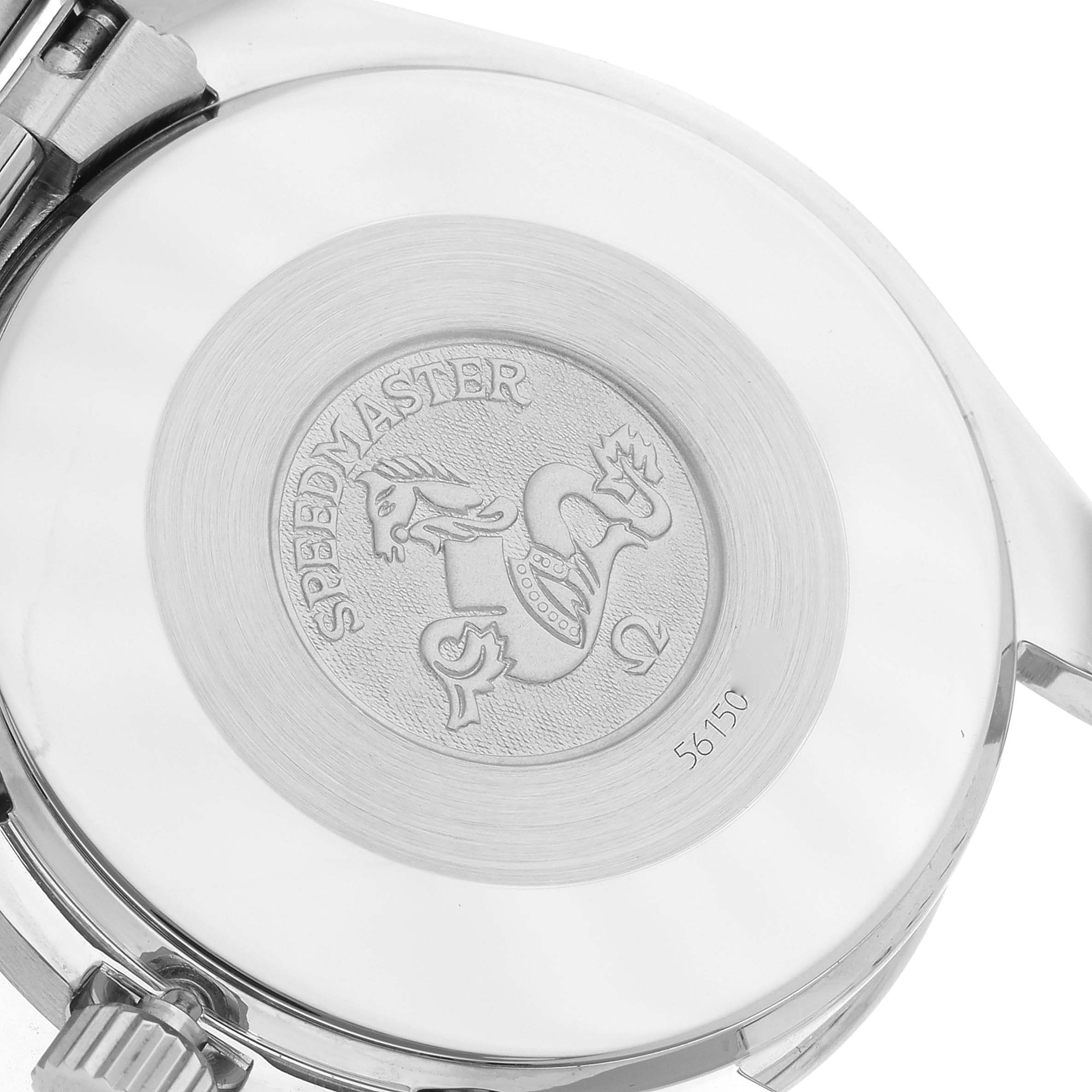 The image shows the engraved case back of an Omega Speedmaster 3510.50.00 Men
s Stainless Steel Black Dial 3510.50.00 Men
s Stainless Steel Black Dial watch viewed from the back angle.