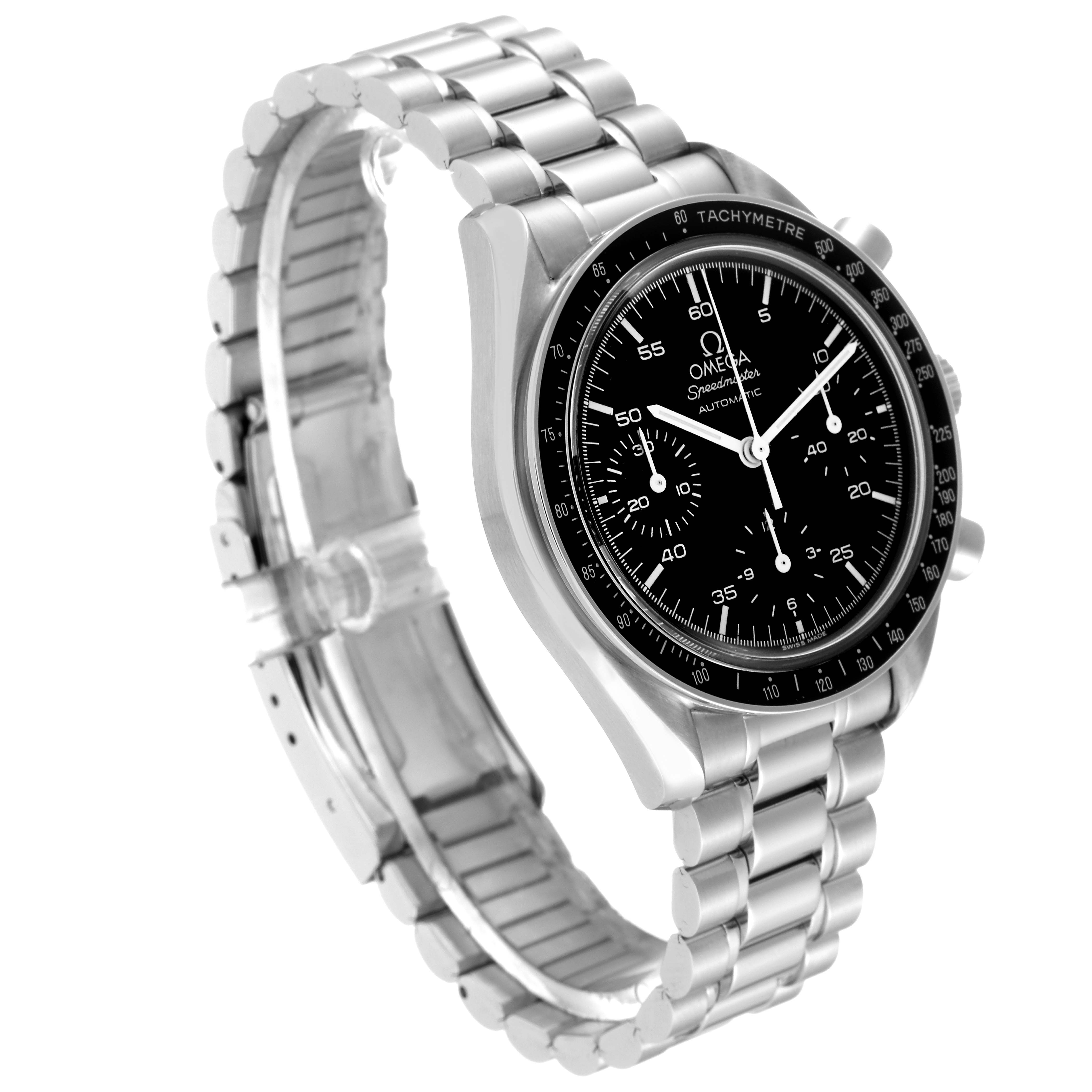 The image shows an Omega Speedmaster 3510.50.00 Men
s Stainless Steel Black Dial 3510.50.00 Men
s Stainless Steel Black Dial watch at a three-quarter angle displaying its dial, stainless steel bracelet, and tachymeter bezel.