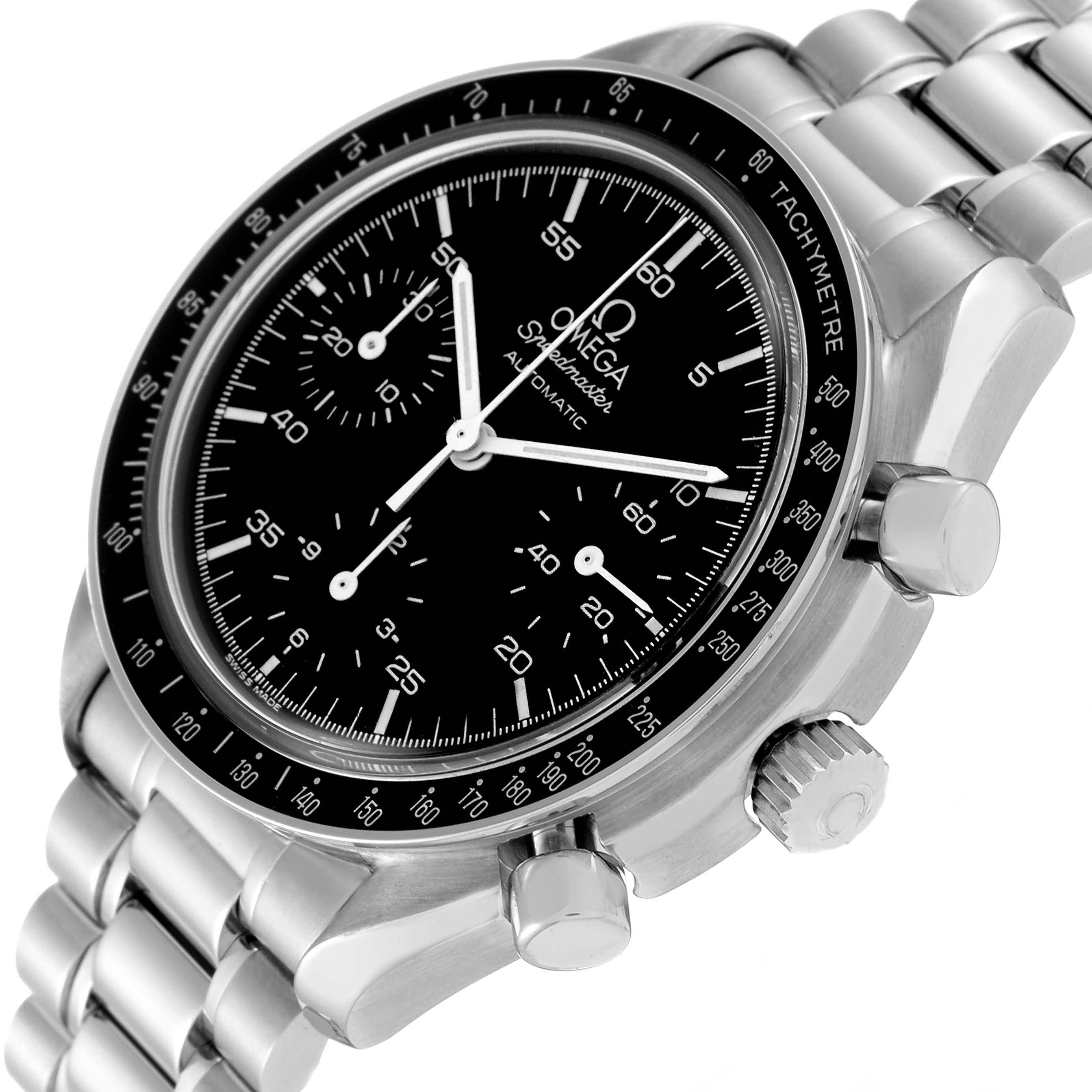 The image shows a close-up angle of an Omega Speedmaster 3510.50.00 Men
s Stainless Steel Black Dial 3510.50.00 Men
s Stainless Steel Black Dial watch, highlighting the dial, bezel, crown, and parts of the bracelet.