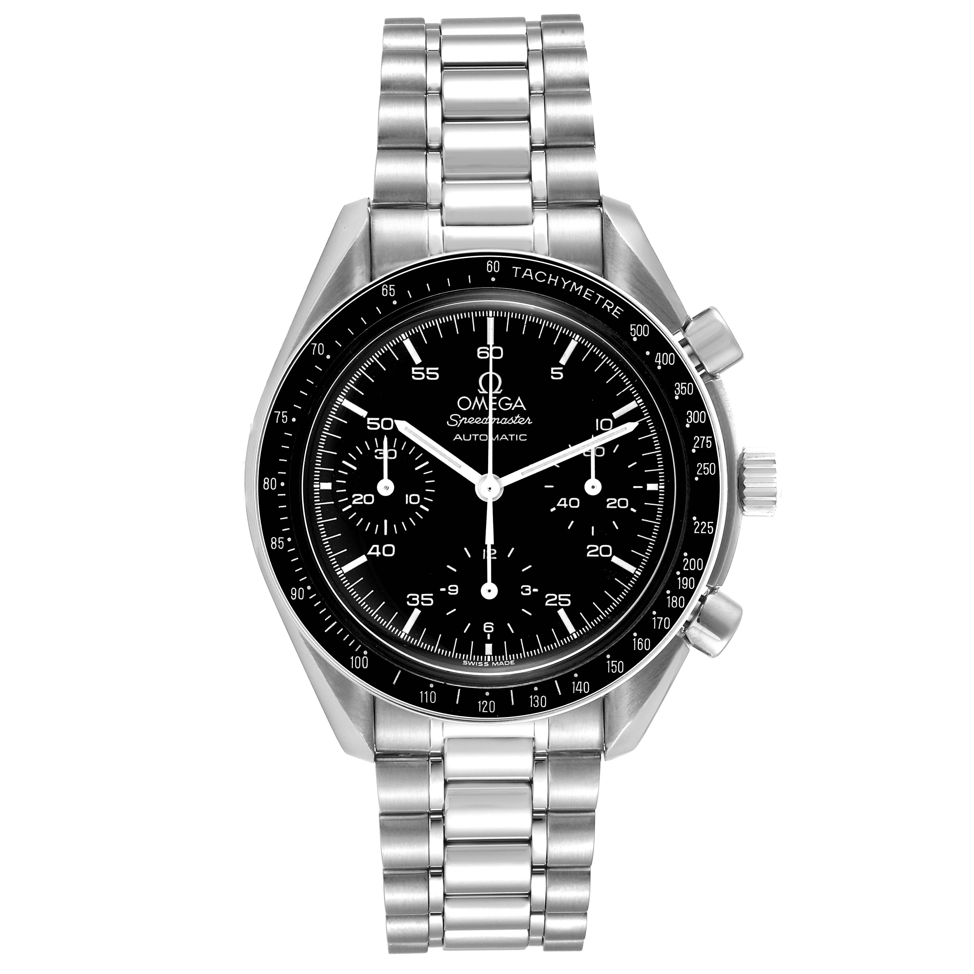 The image shows a front view of an Omega Speedmaster 3510.50.00 Men
s Stainless Steel Black Dial 3510.50.00 Men
s Stainless Steel Black Dial with a metal bracelet and three sub-dials.