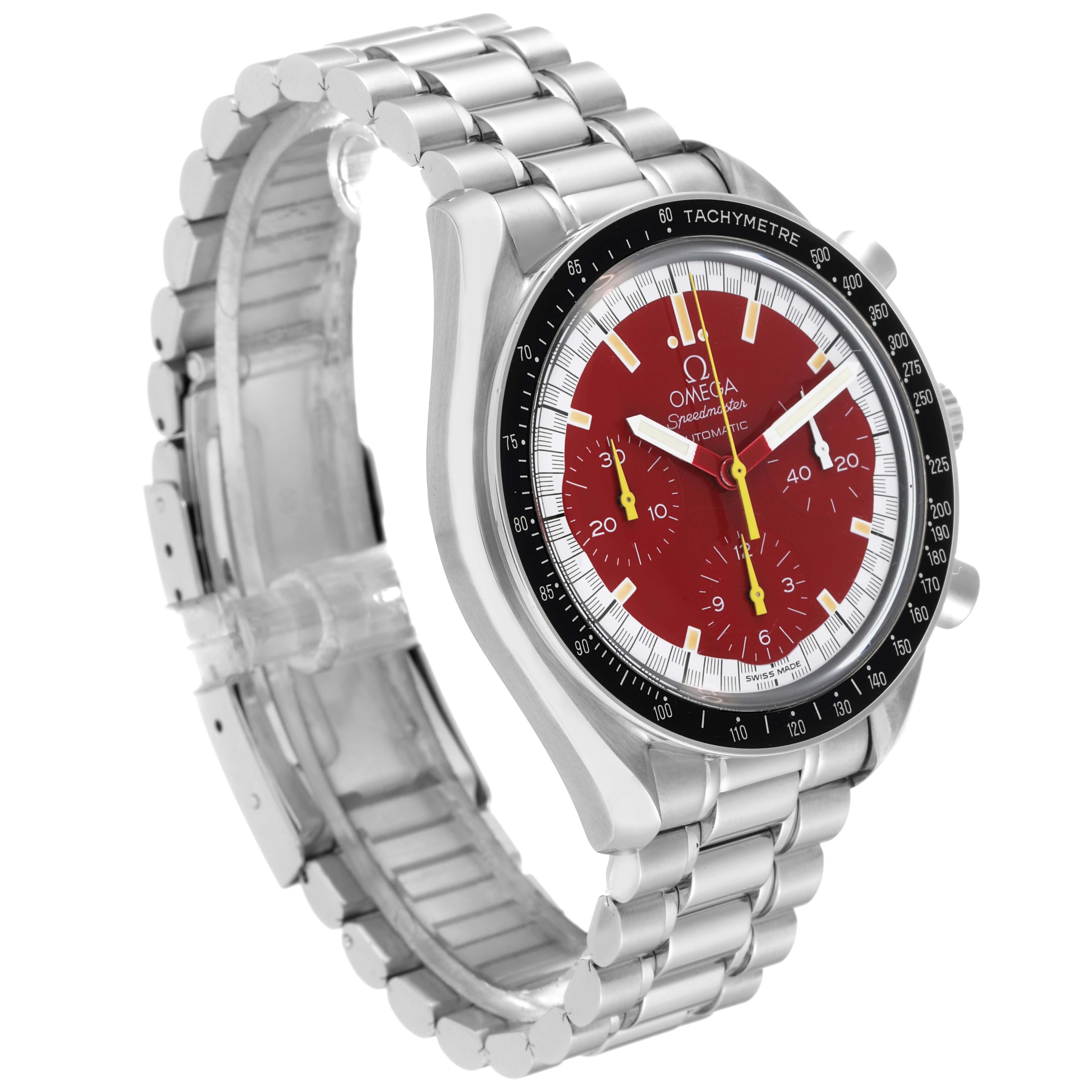 The image shows an Omega Speedmaster 3510.61.00 Men's Stainless Steel Red Dial 3510.61.00 Men's Stainless Steel Red Dial watch at an angle displaying the dial, bezel, lugs, and metal bracelet.