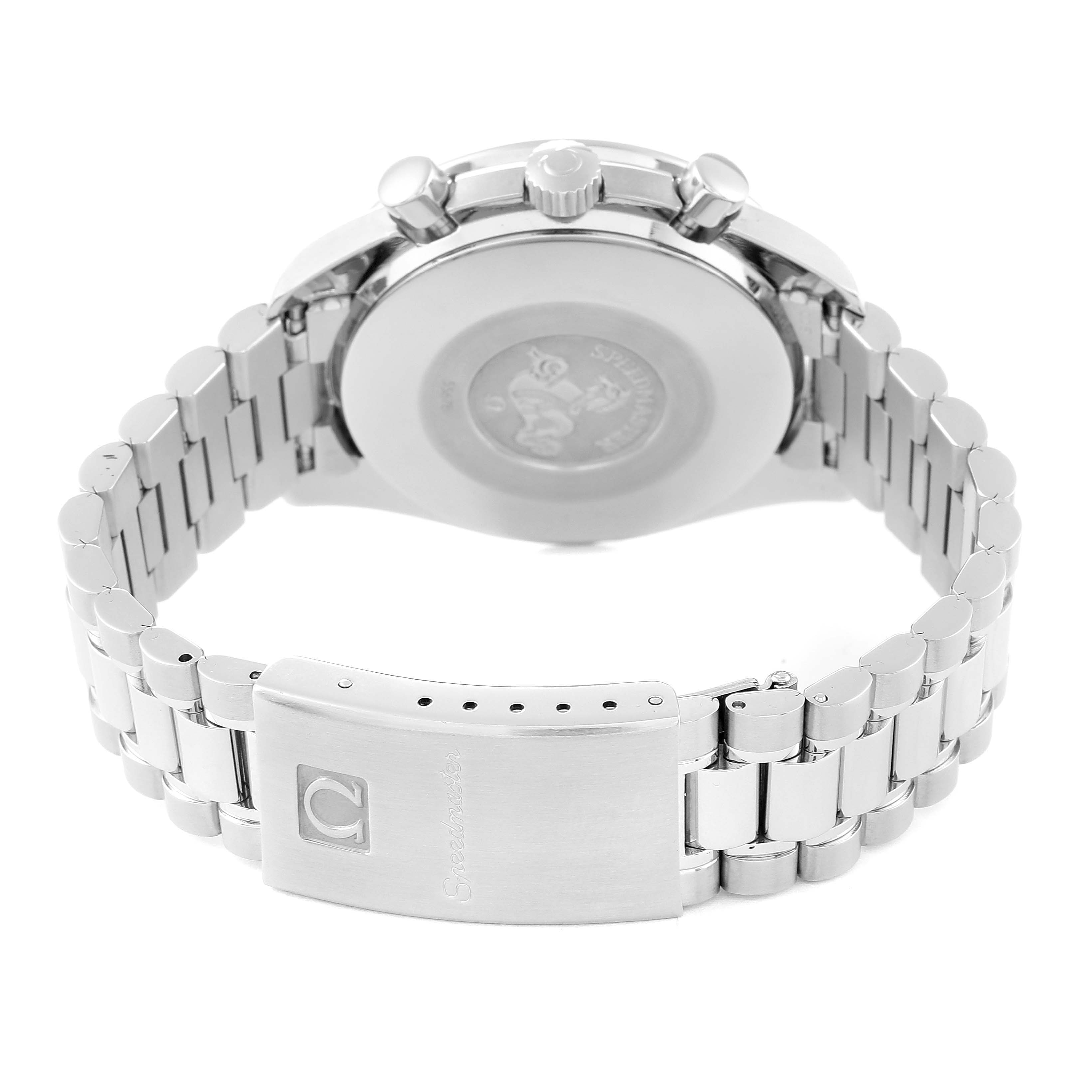 This image shows the back view and clasp of an Omega Speedmaster 3510.61.00 Men's Stainless Steel Red Dial 3510.61.00 Men's Stainless Steel Red Dial watch.